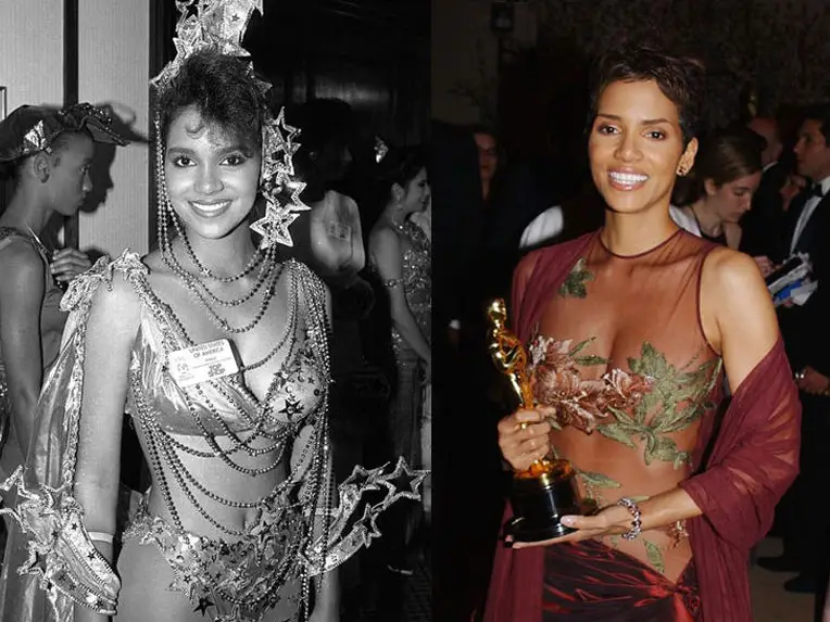 Halle Berry at the Miss World 1986 pageant and with her best actress Oscar in 2001.