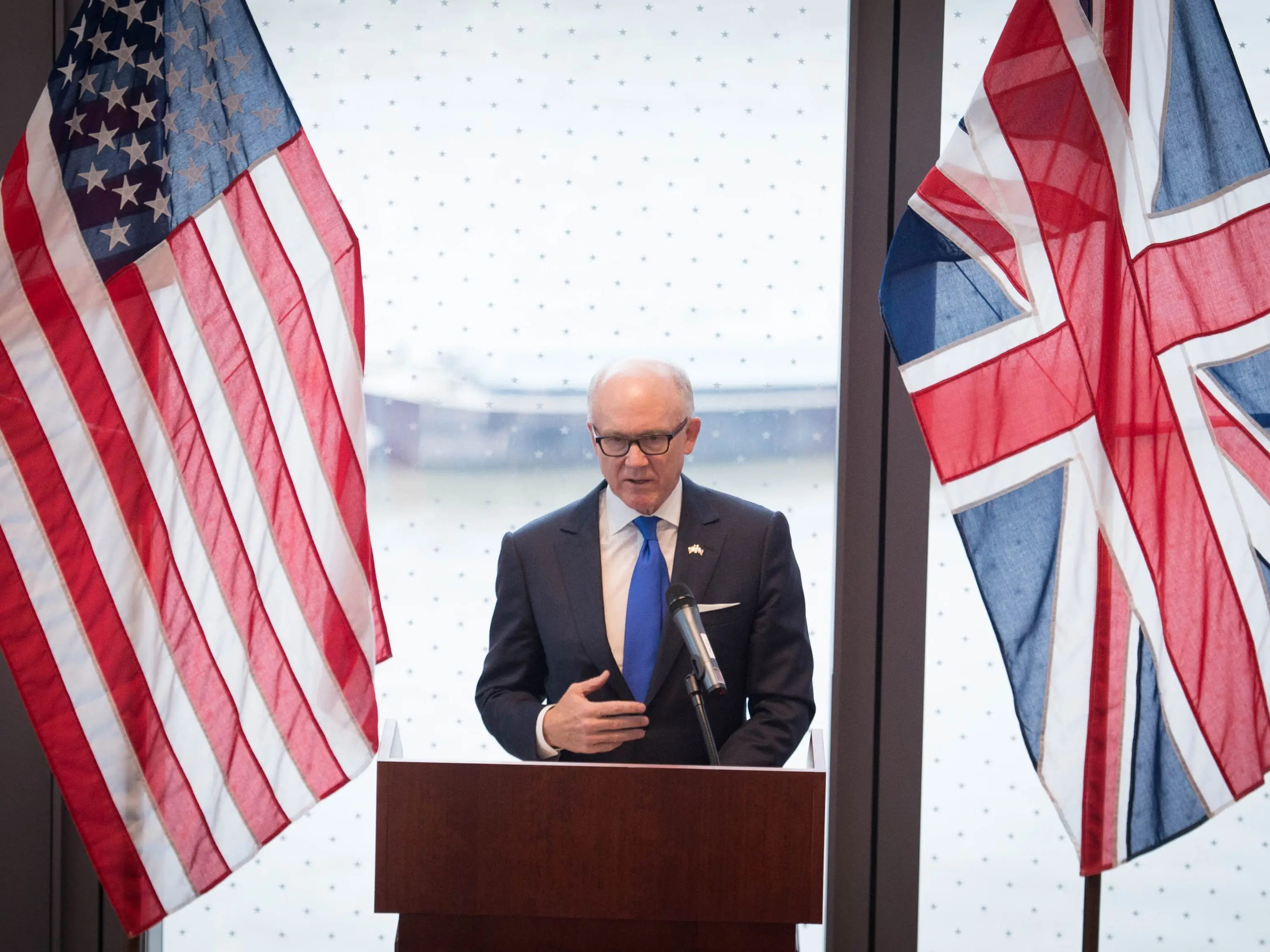 US Ambassador to the UK Robert Wood Johnson speaks at the unveiling of the new US Embassy building in Nine Elms in Wandsworth on December 13, 2017 in London, England.