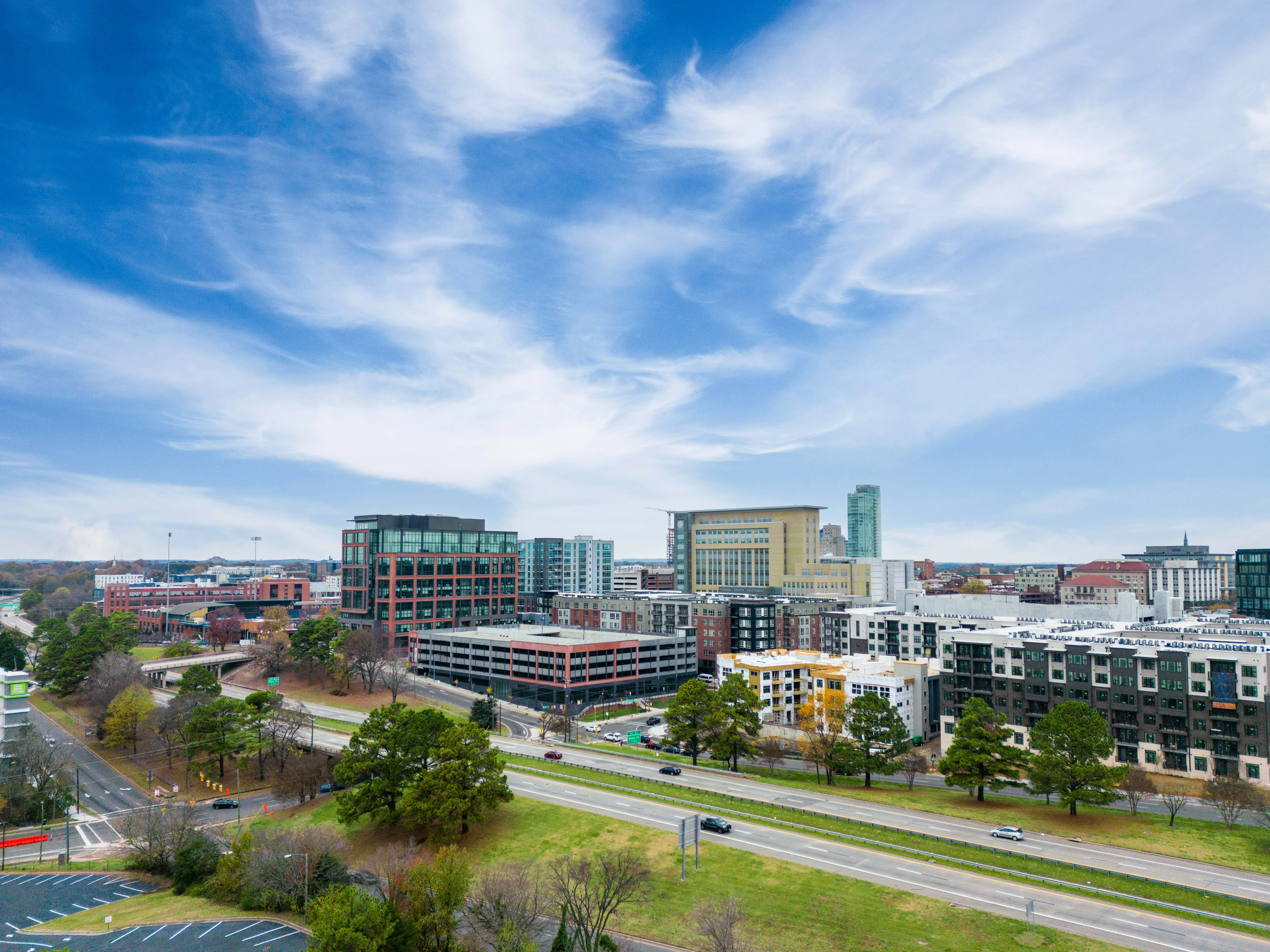 An aerial view of Durham, North Carolina.