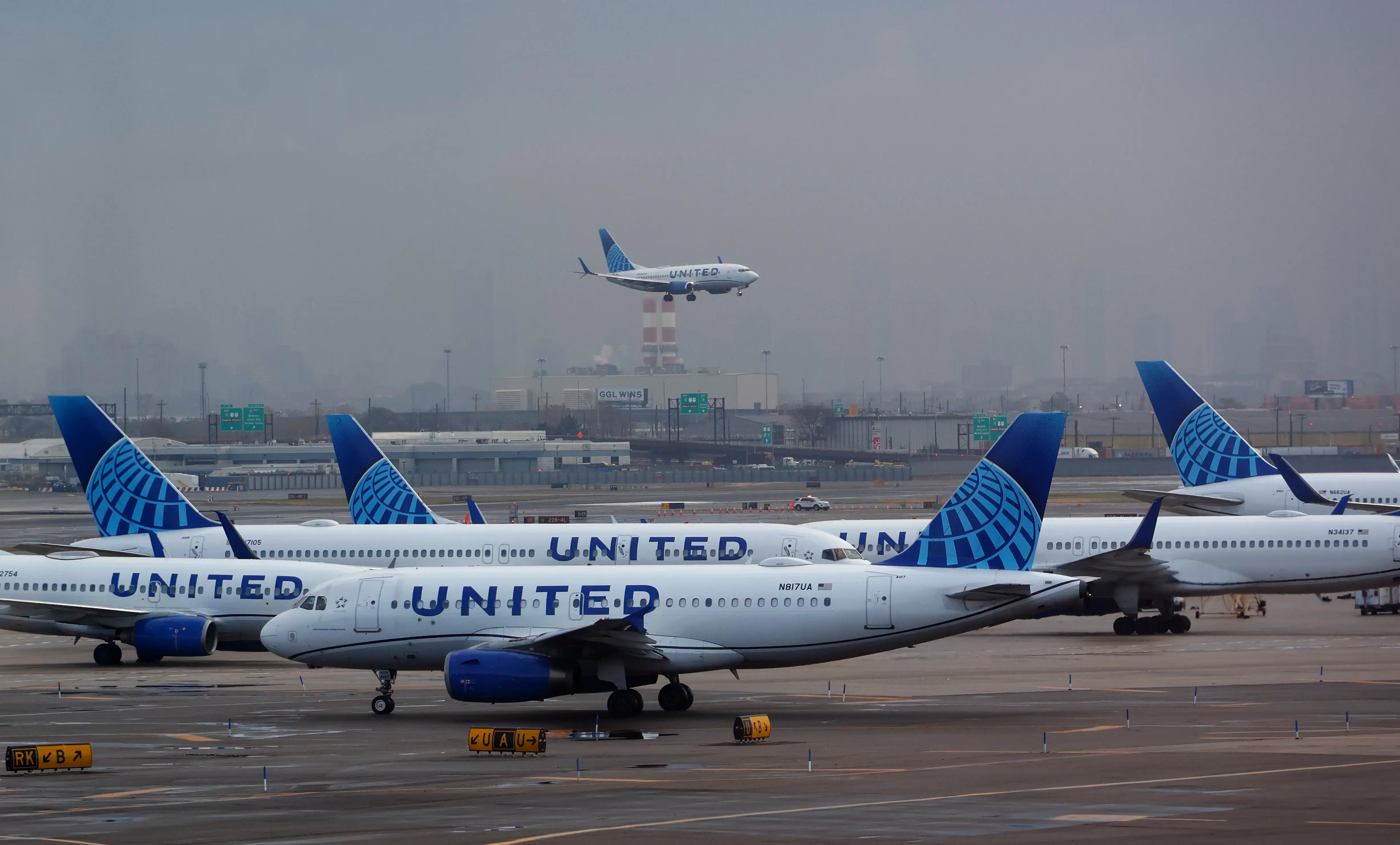 A United Airlines airplane lands at Newark Liberty International Airport on November 8, 2025, in Newark, New Jersey.