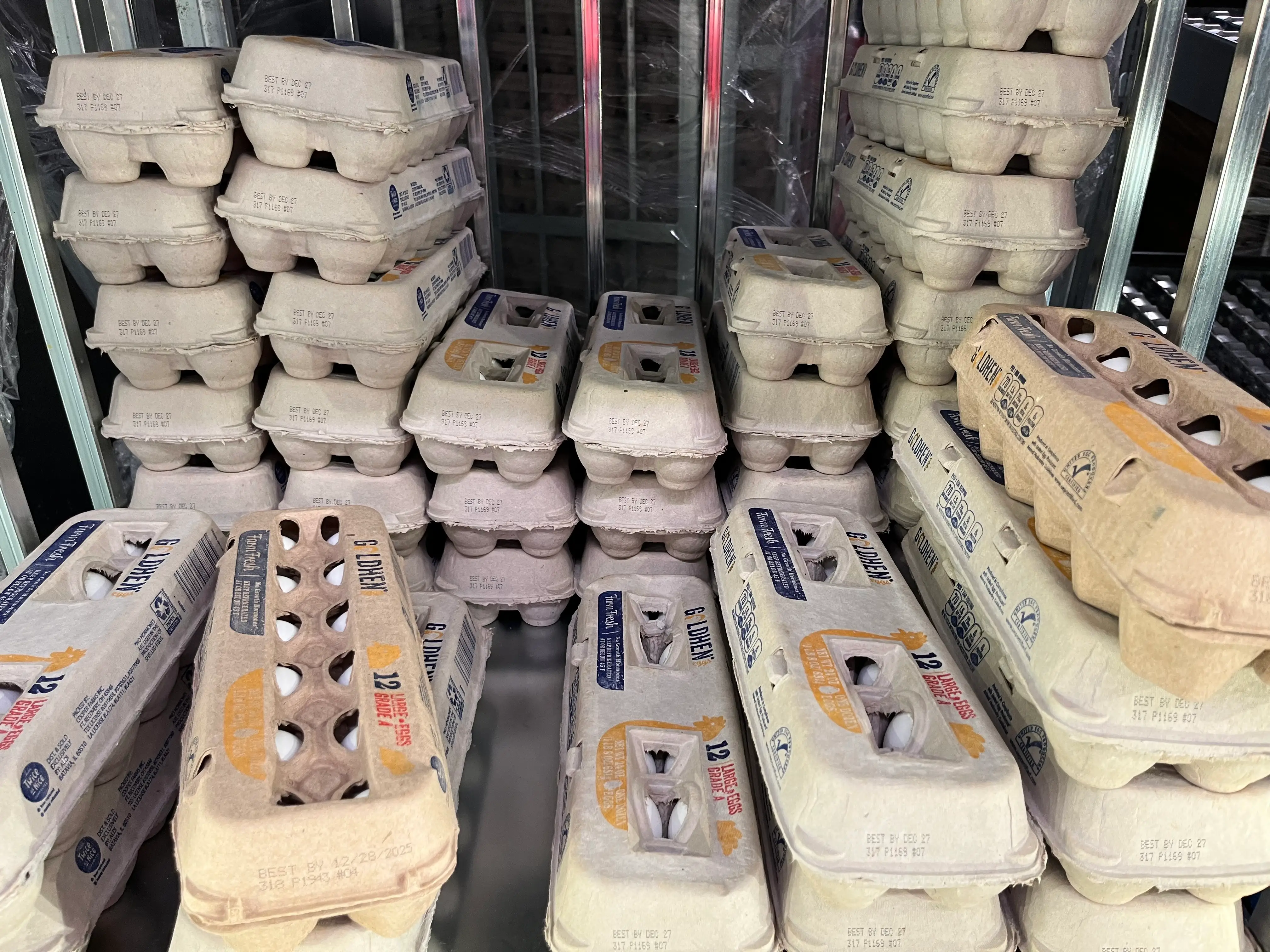 Cartons of eggs stacked at Aldi