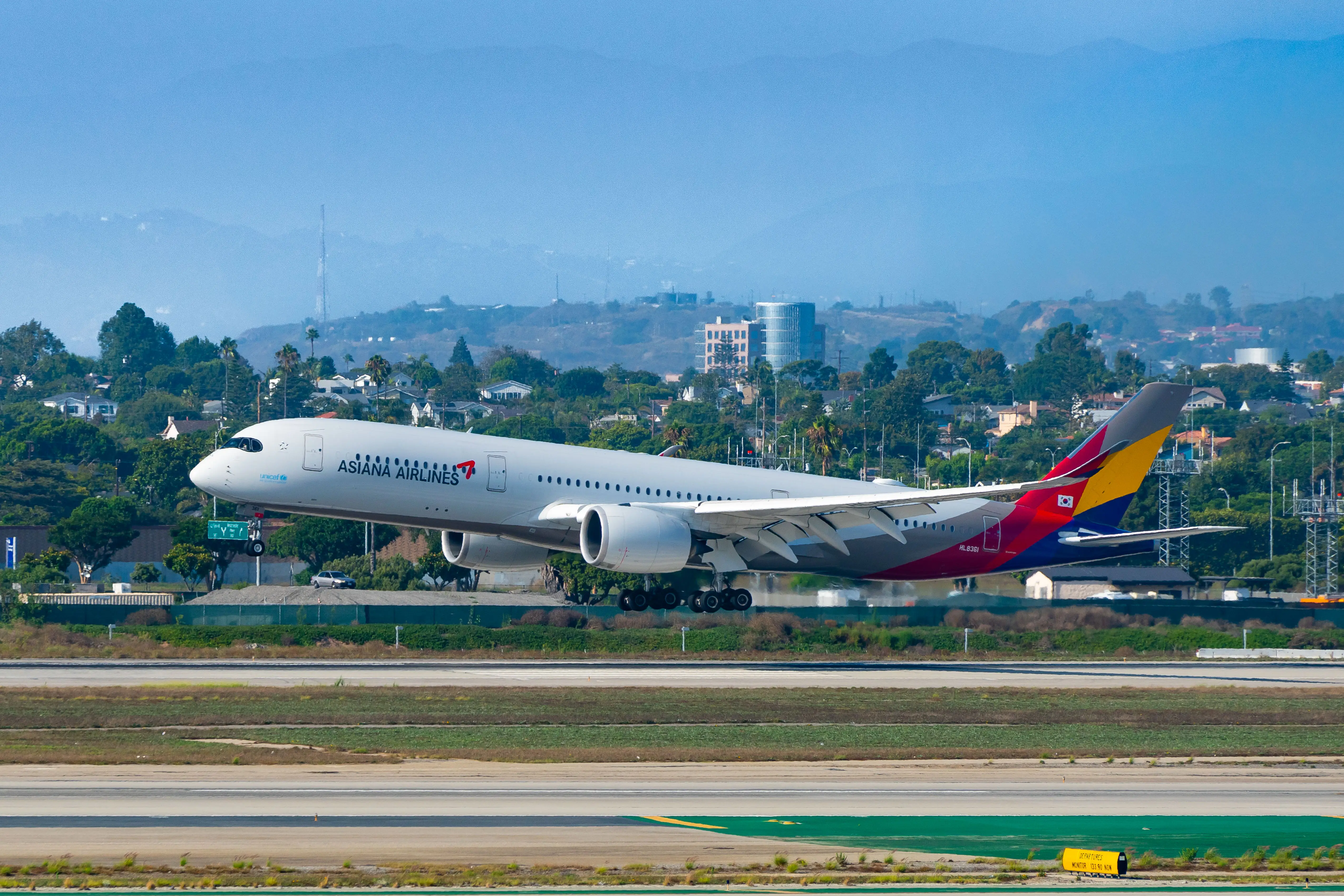 An Asiana Airlines Airbus A350-941 arrives at Los Angeles International Airport at the start of the Labor Day holiday on August 31, 2023 in Los Angeles, California.