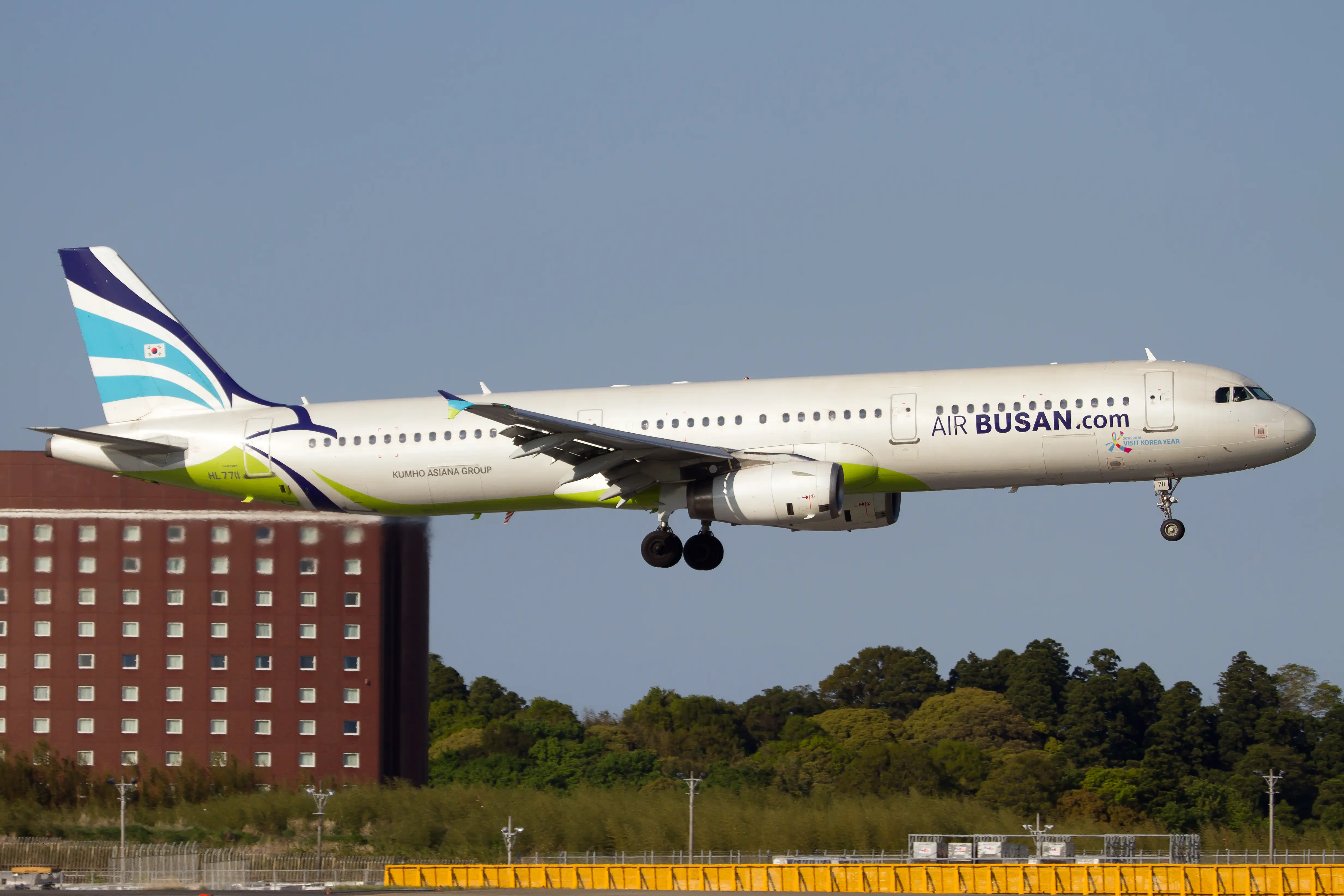 Air Busan Airbus 321 landing at Tokyo Narita airport.