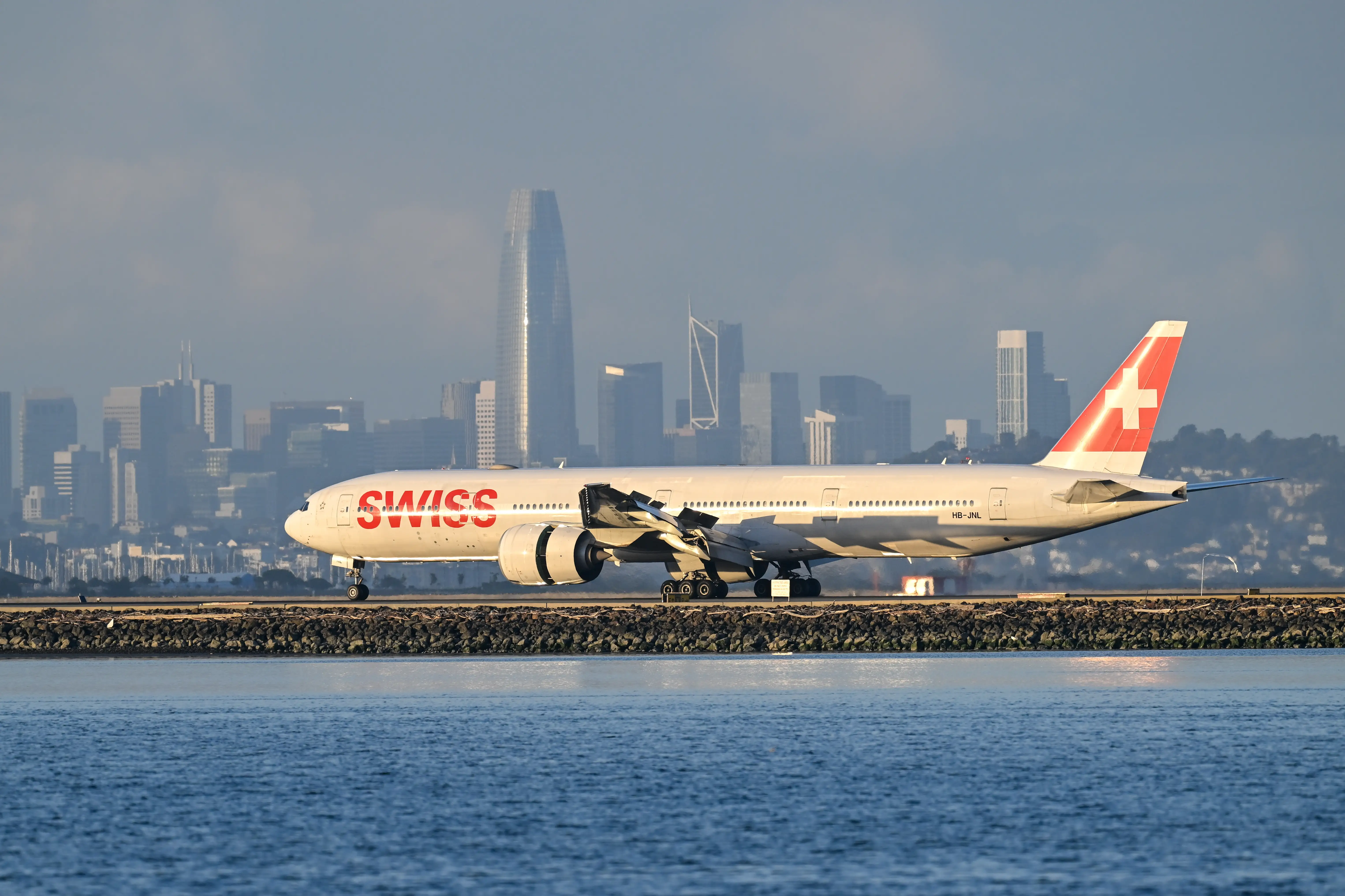 A Swiss Air plane lands at the San Francisco International Airport (SFO) in San Francisco, California, United States on November 14, 2025.
