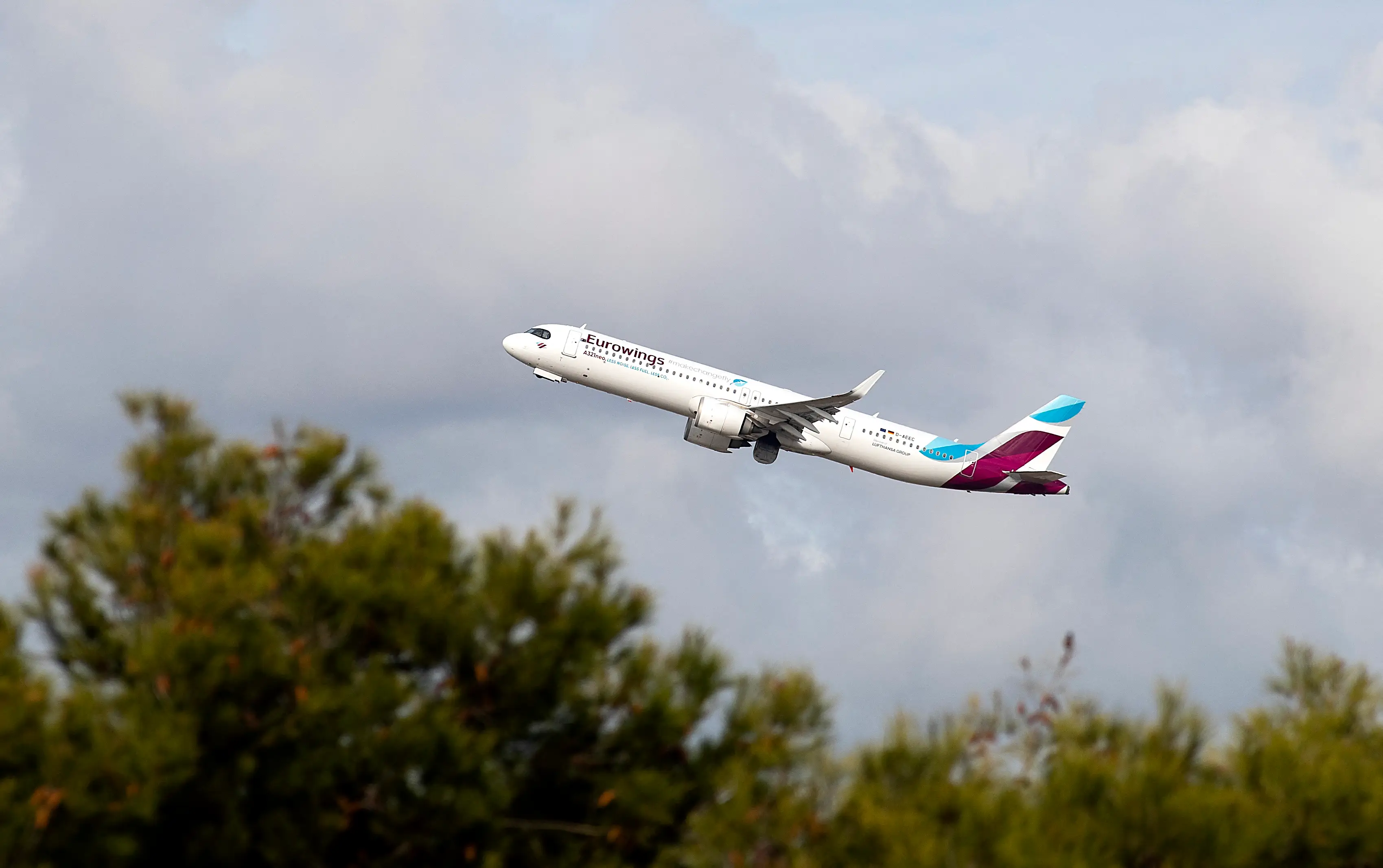 An Eurowings plane takes off from Palma de Mallorca airport on November 28, 2025.