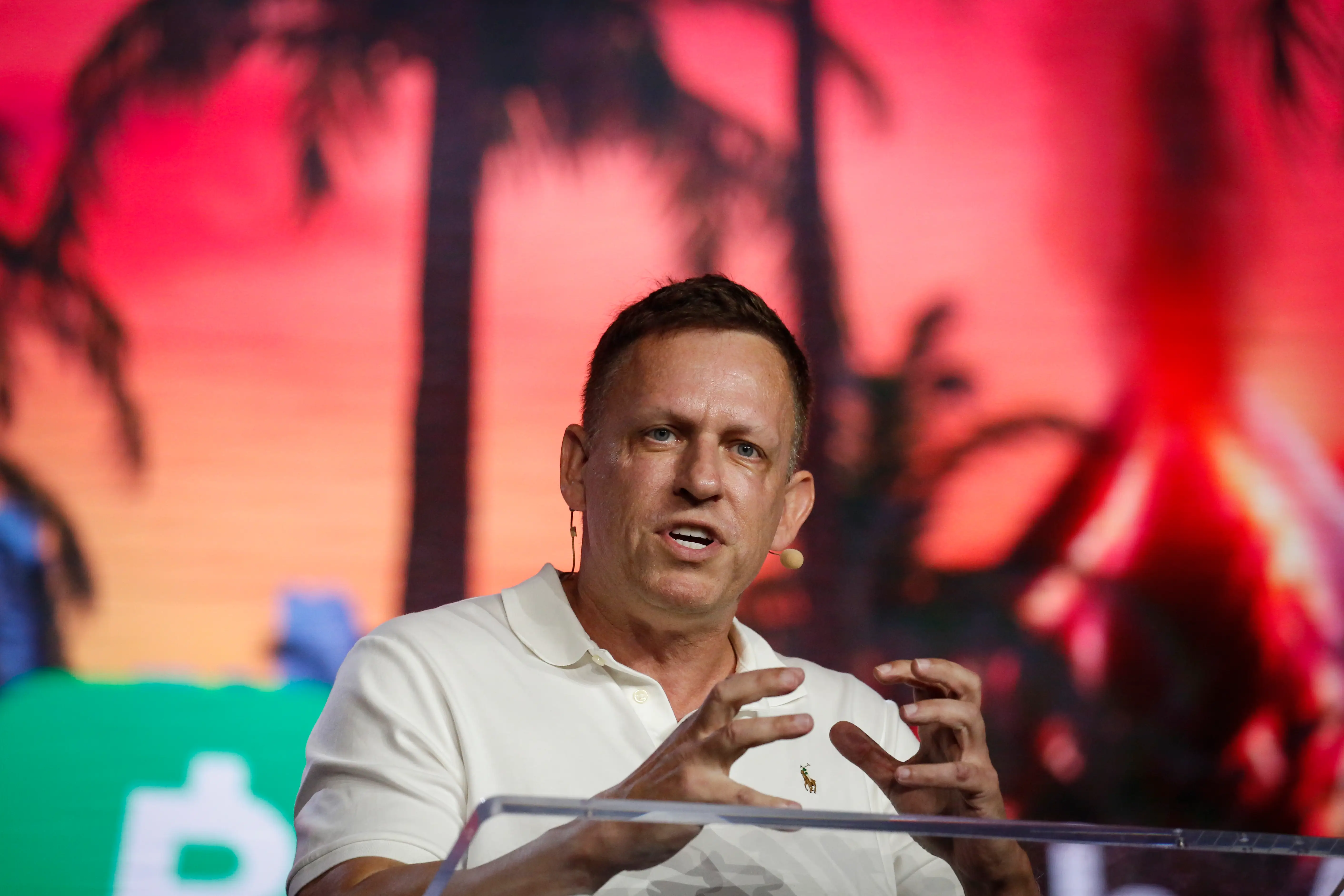 Peter Thiel, co-founder of PayPal, Palantir Technologies, and Founders Fund, gestures as he speaks during the Bitcoin 2022 Conference at Miami Beach Convention Center on April 7, 2022 in Miami, Florida.