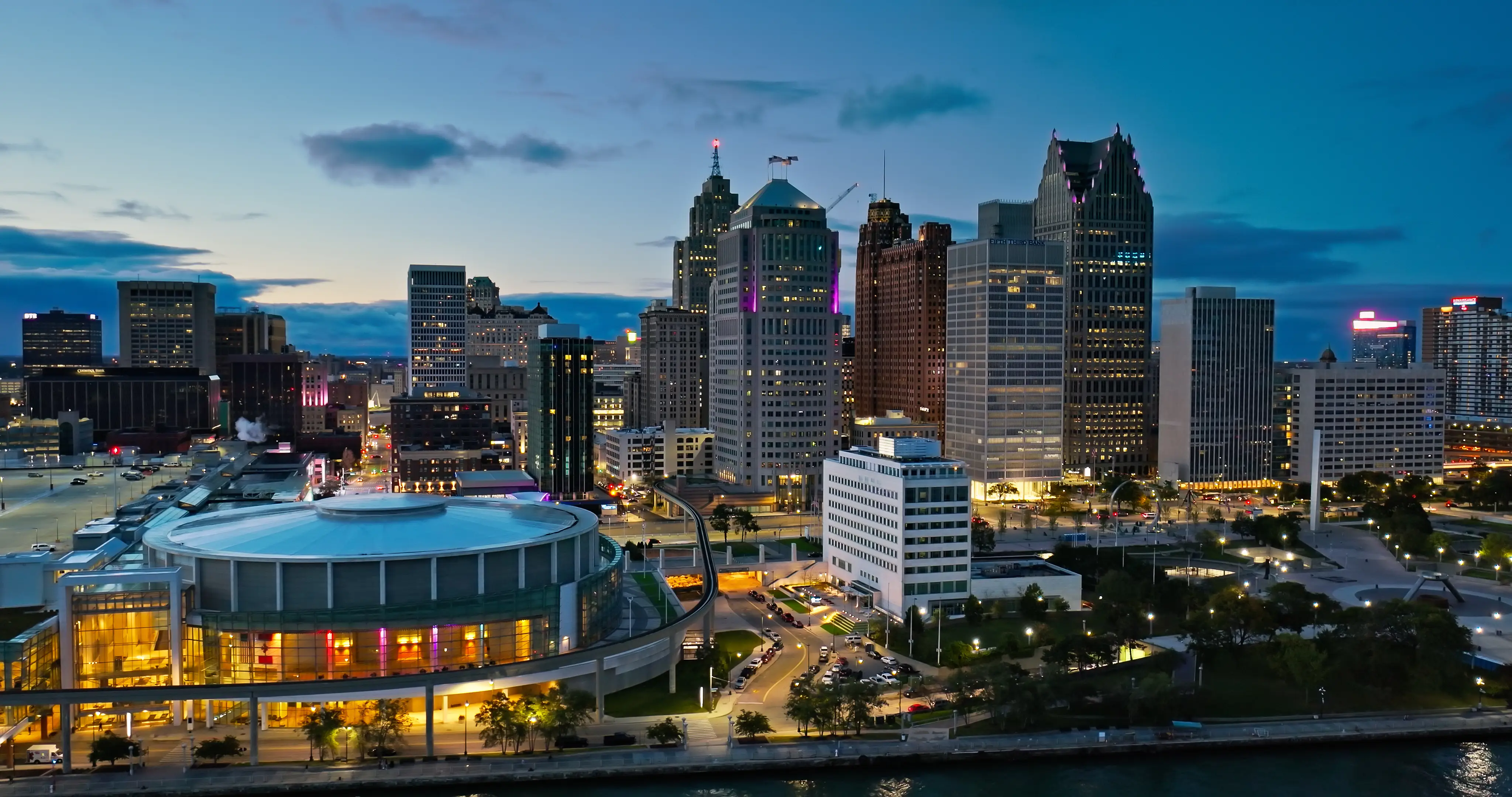 Aerial view of downtown Detroit from over the Detroit River.