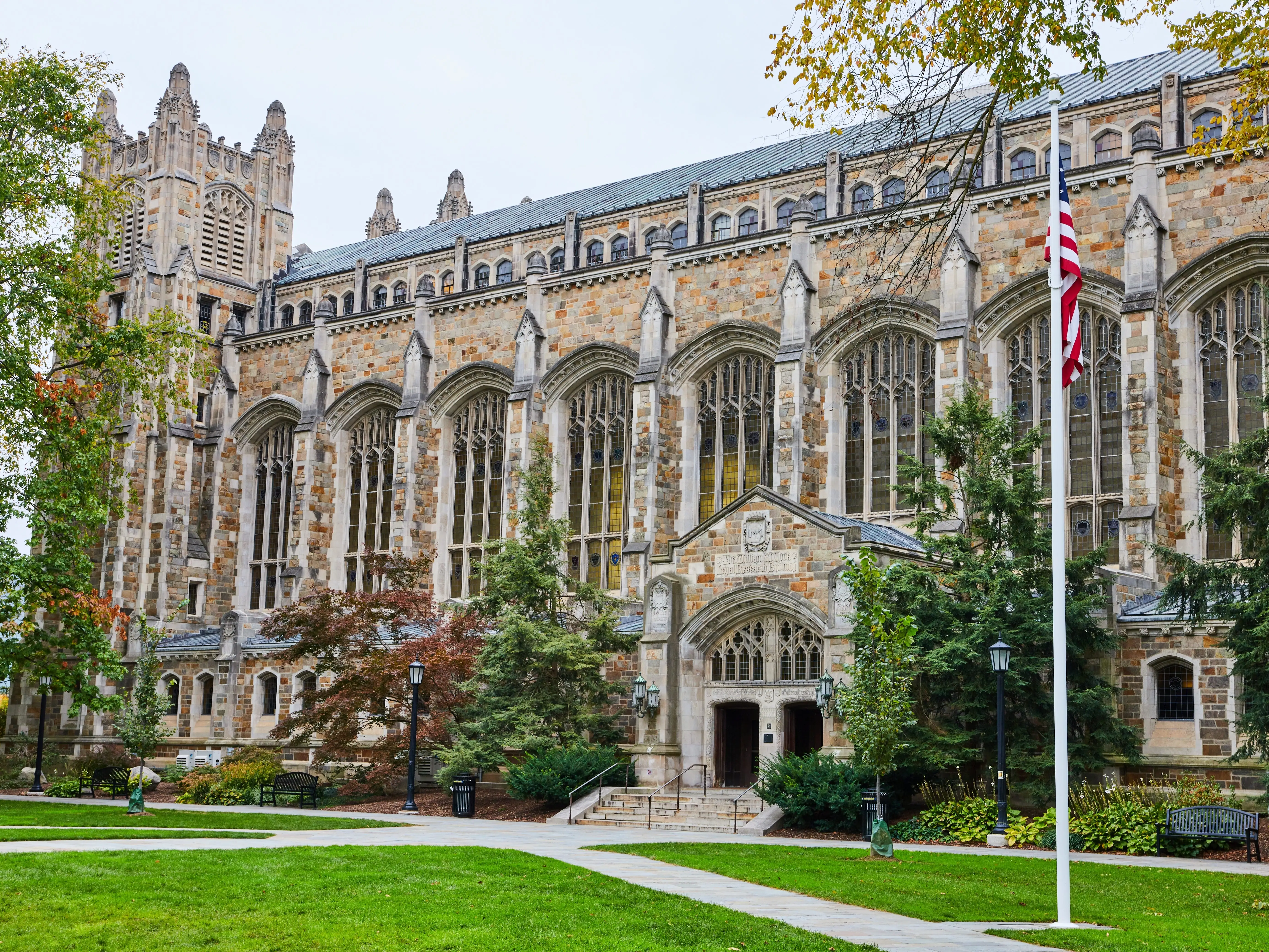Gothic Architecture at University of Michigan with American Flag