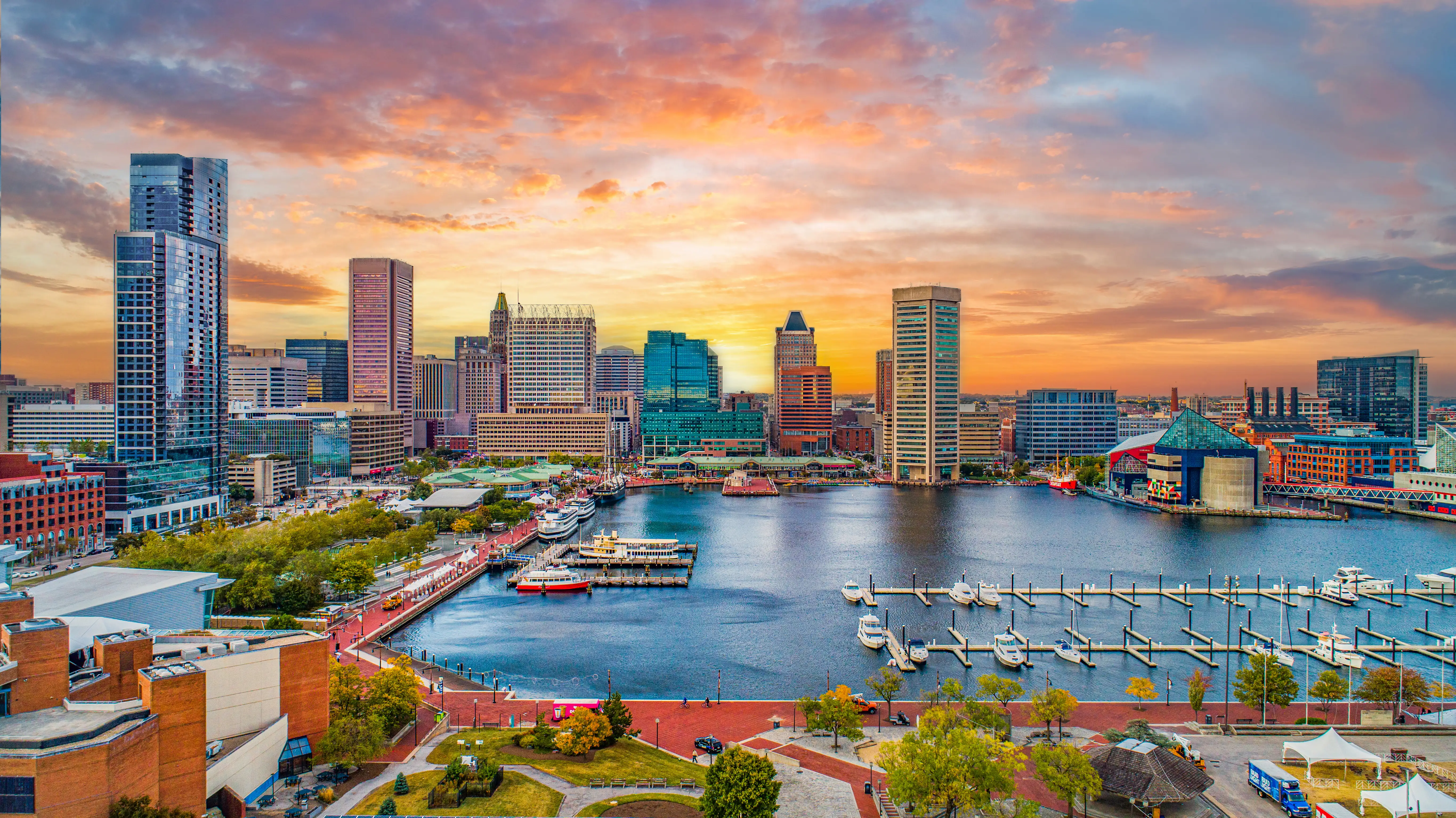 Baltimore downtown skyline aerial.