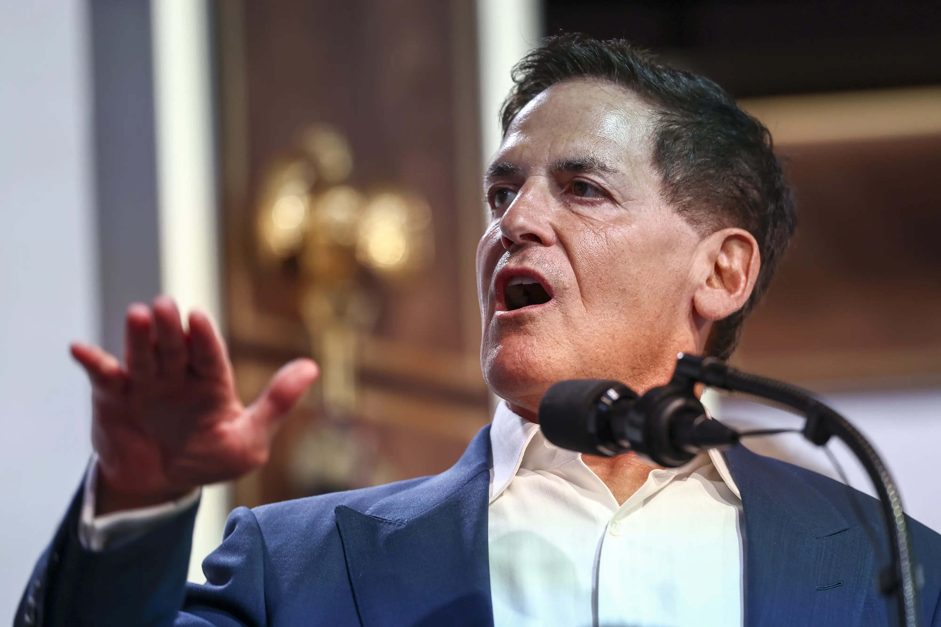 Mark Cuban in the South Court Auditorium of the Eisenhower Executive Office Building at the White House in Washington, DC, US, on May 18, 2026.