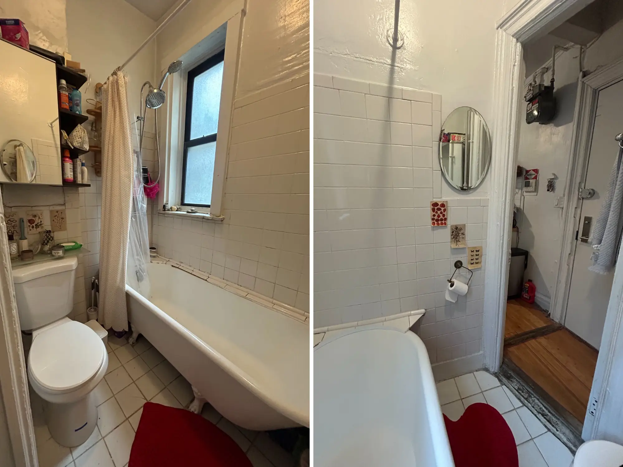 View of toilet with cabinet above it next to claw-foot tub in small bathroom next to different perspective of same space, white-tiled bathroom with tub