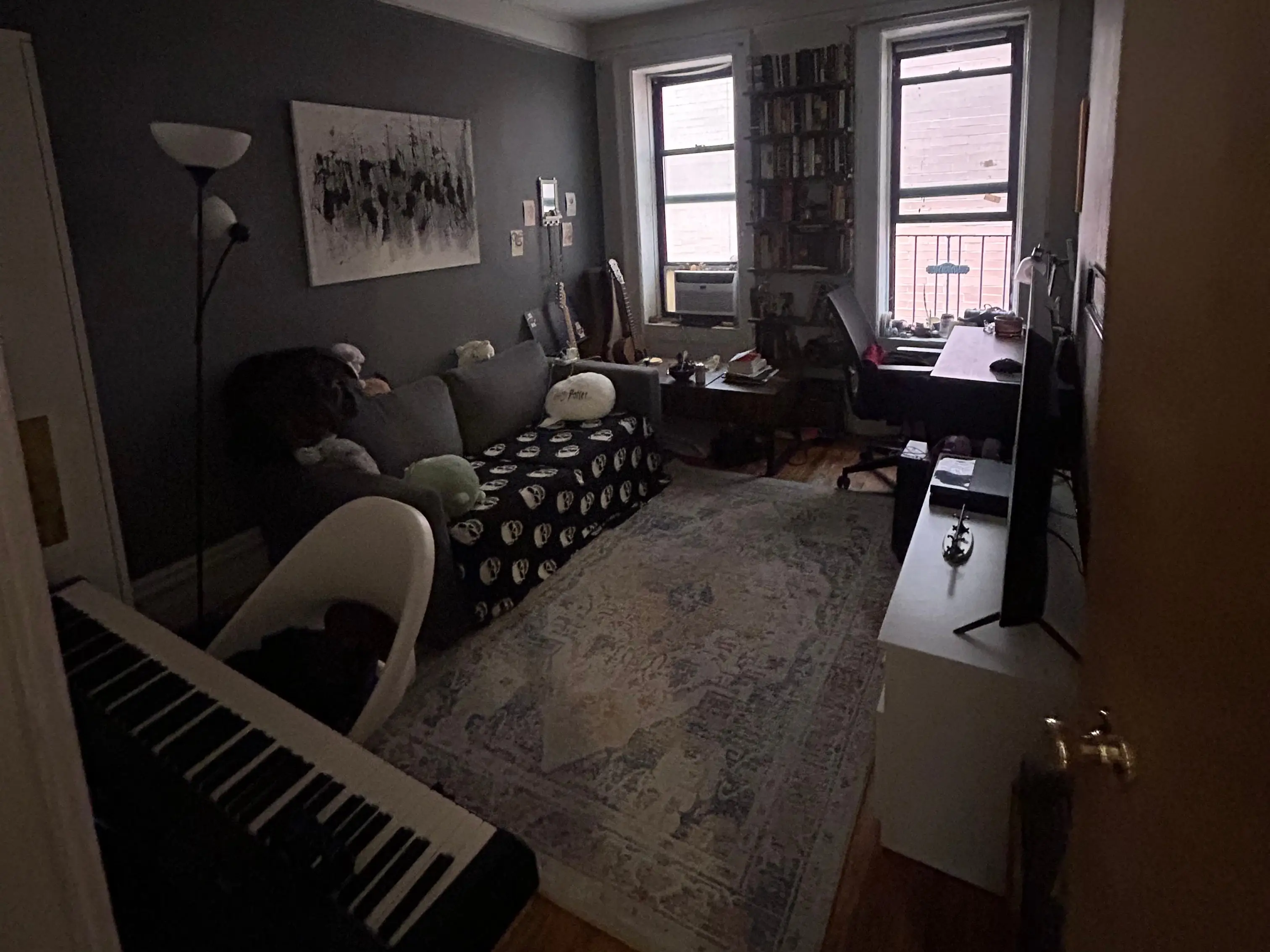 Dimly lit room with couch, keyboard, two windows, rug