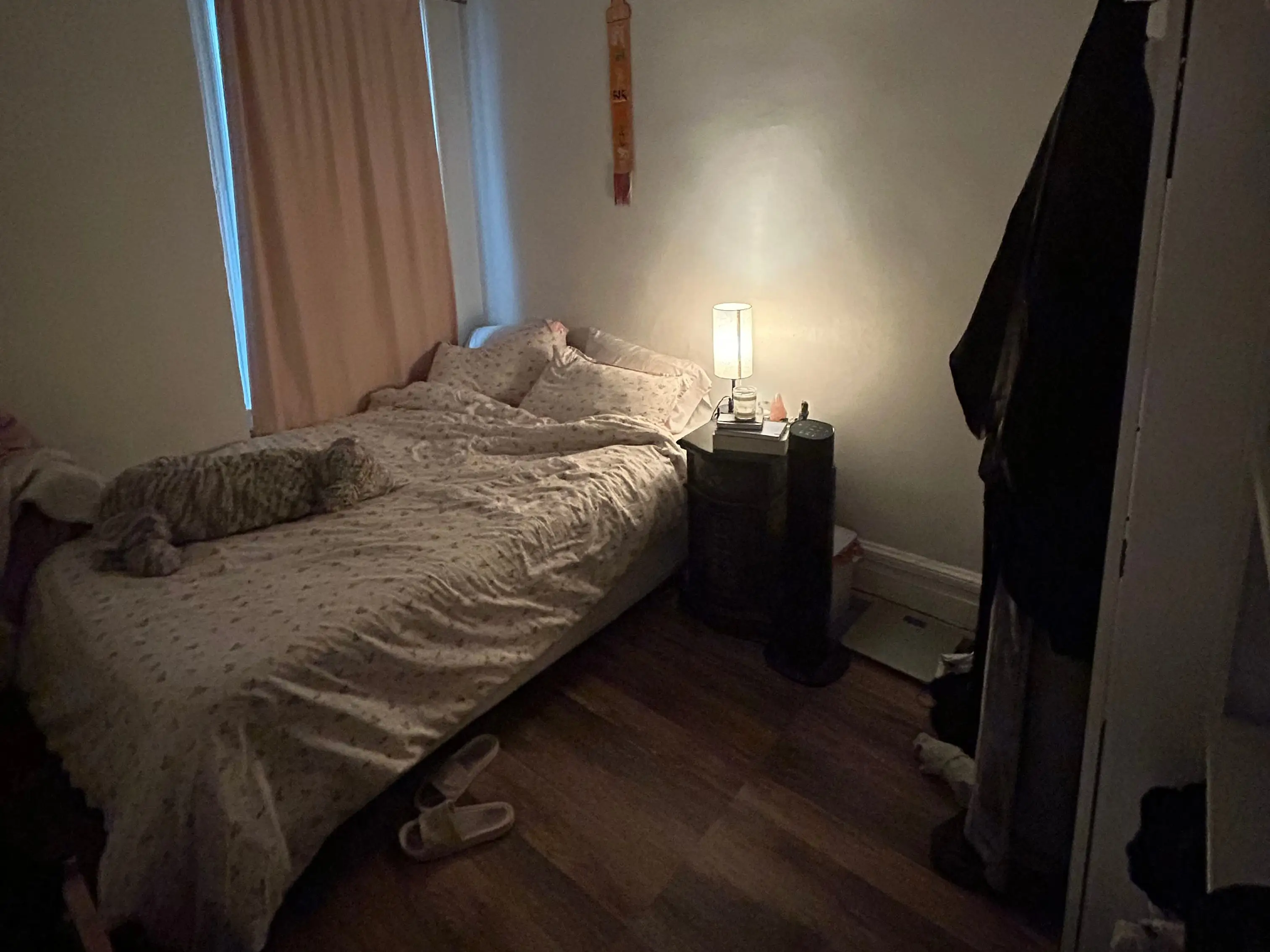 Dimly lit room with bed next to window and nightstand with lamp beside bed