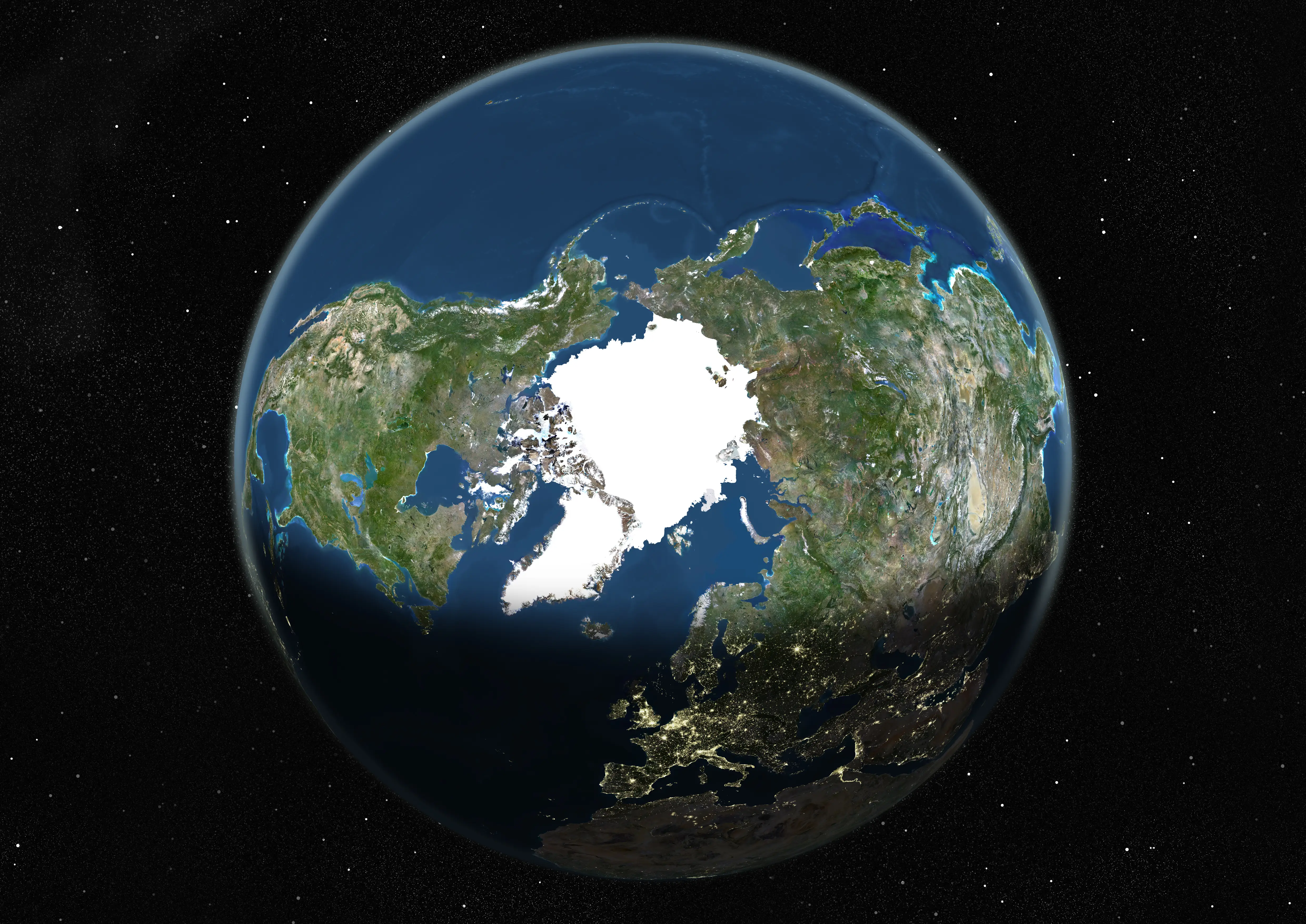 Satellite image of Earth centered on North Pole.