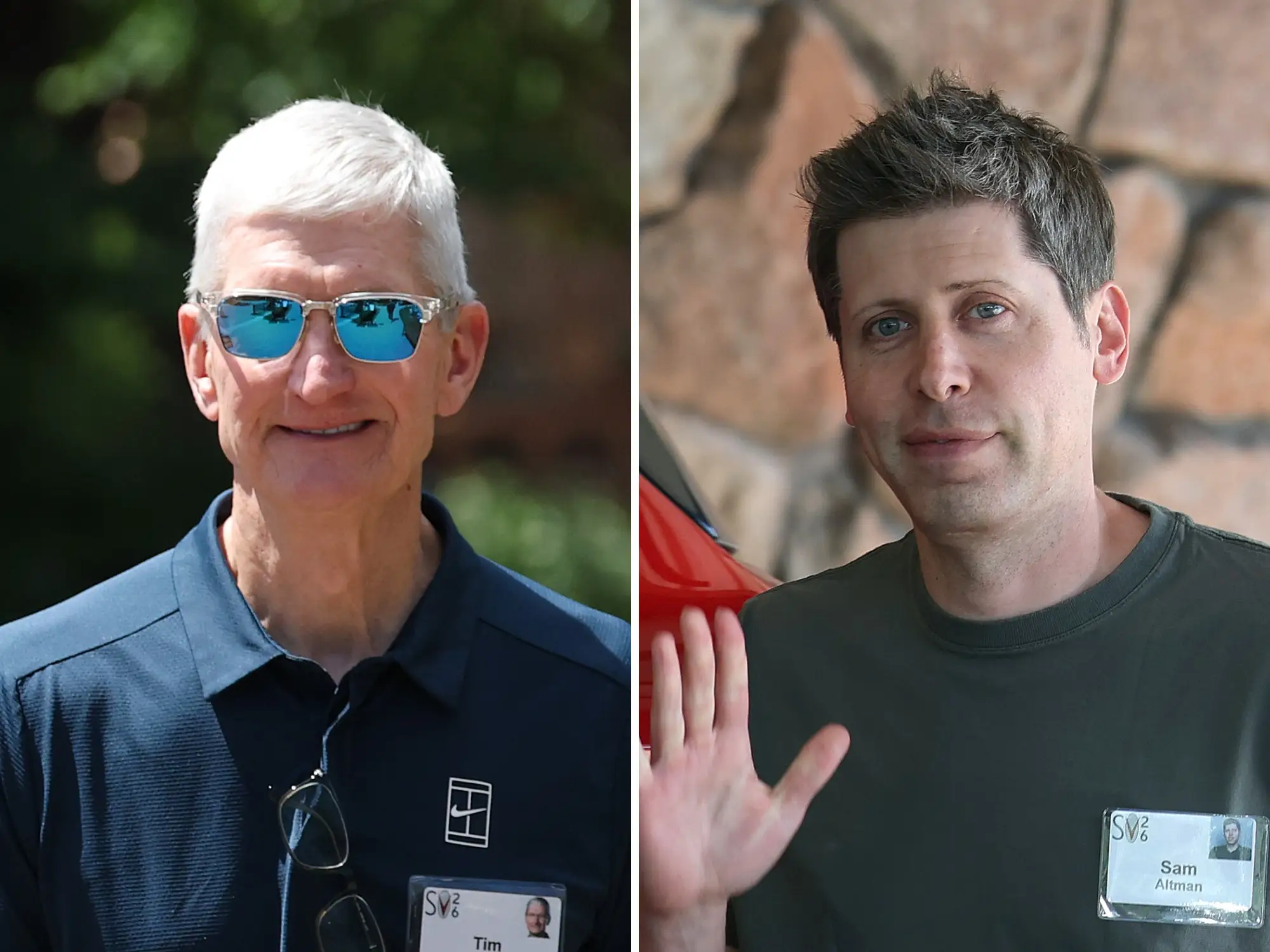 A split photo of Apple CEO Tim Cook and OpenAI CEO Sam Altman.