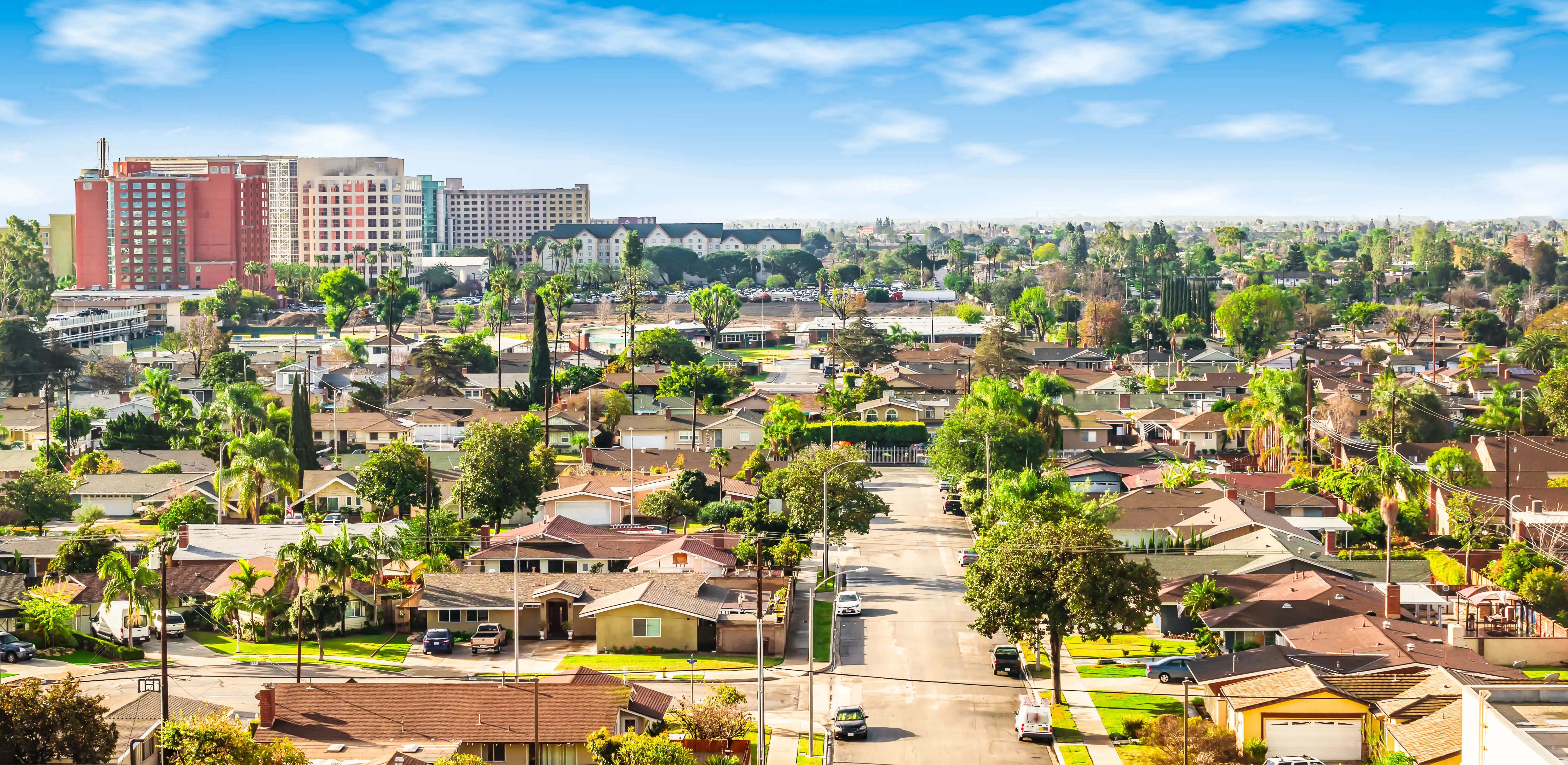 Bright and colorful image of residential area in Anaheim, Orange County, California.