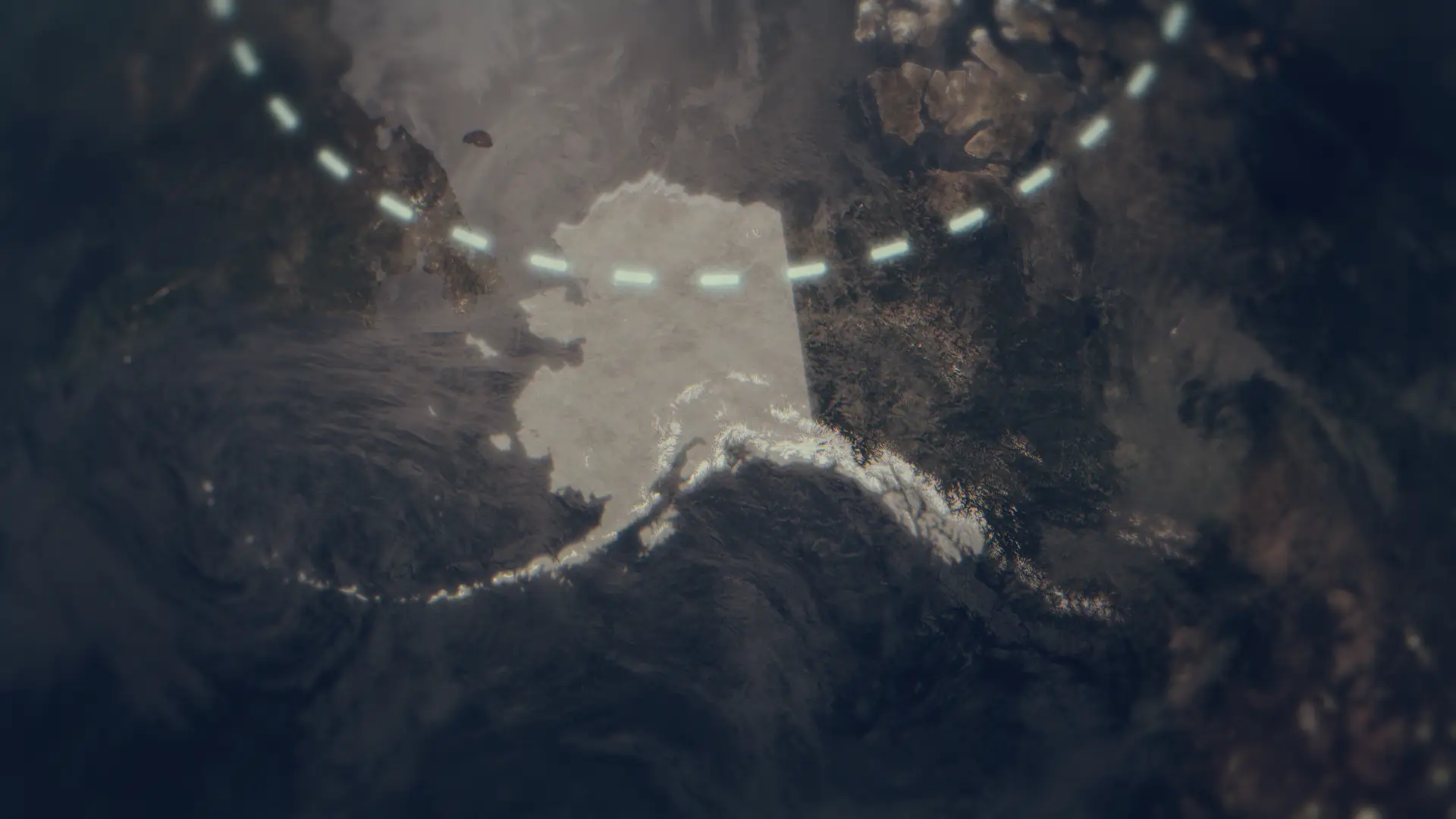 A map of Alaska with a dotted semi circle around the arctic region, overlapping with the top fourth of the state.