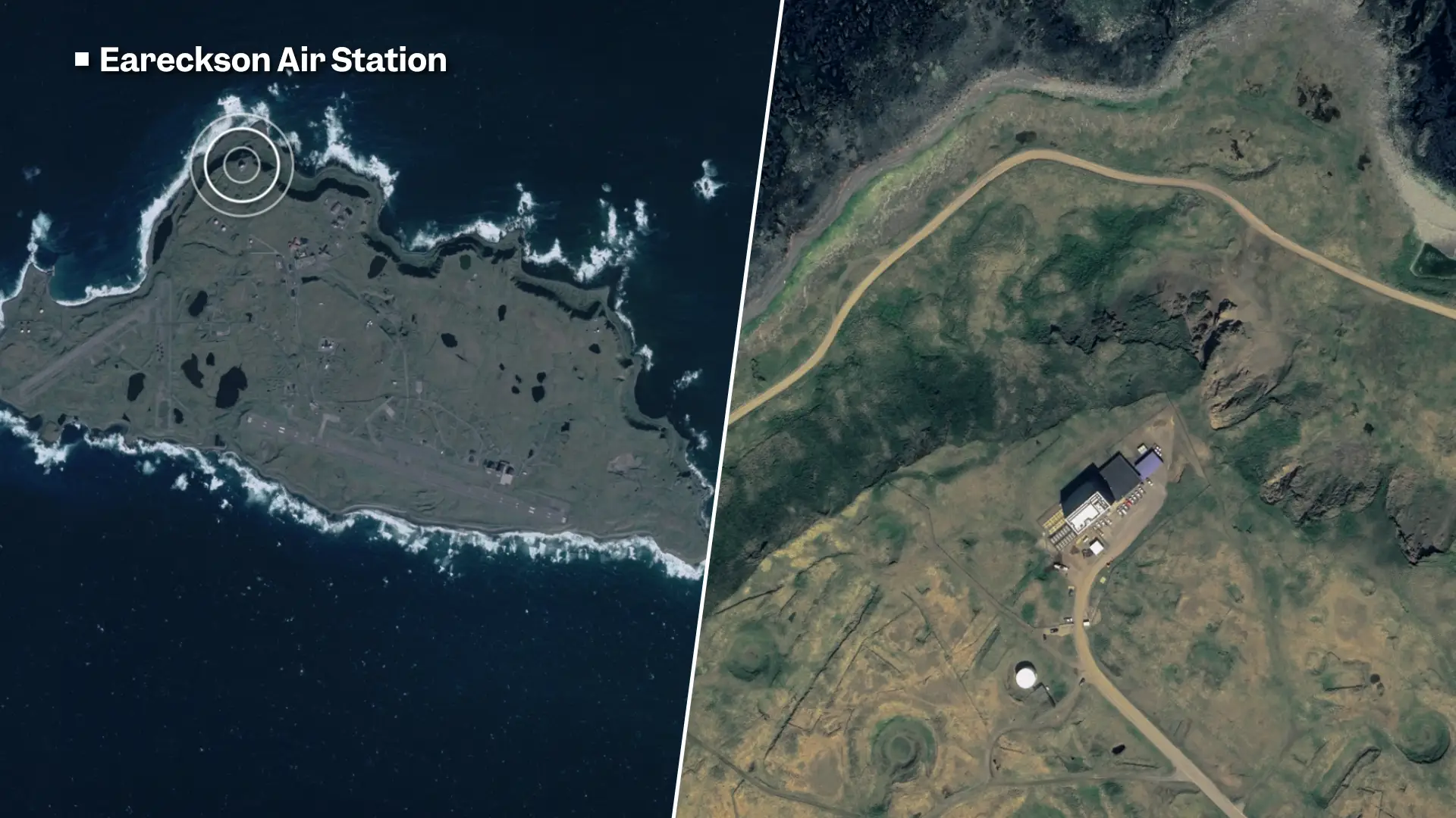 A composite of two satellite images labelled Eareckson Air Station. The left is a wide view of an island with a marker on the northwest coast, and the right is a closer view of a small building at that location surrounded by green cliffs.