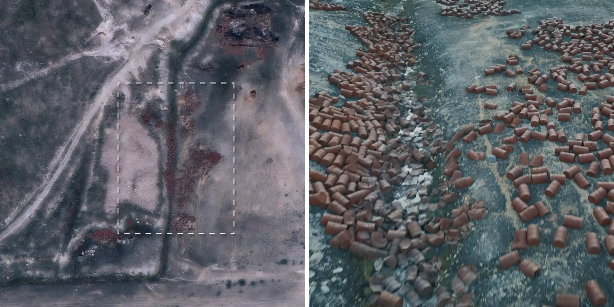 A composite of two images. The left is a satellite view of a terrain with rust-colored smudges. The right is a ground-level photo of hundreds of rust-colored fuel barrels across the ground.