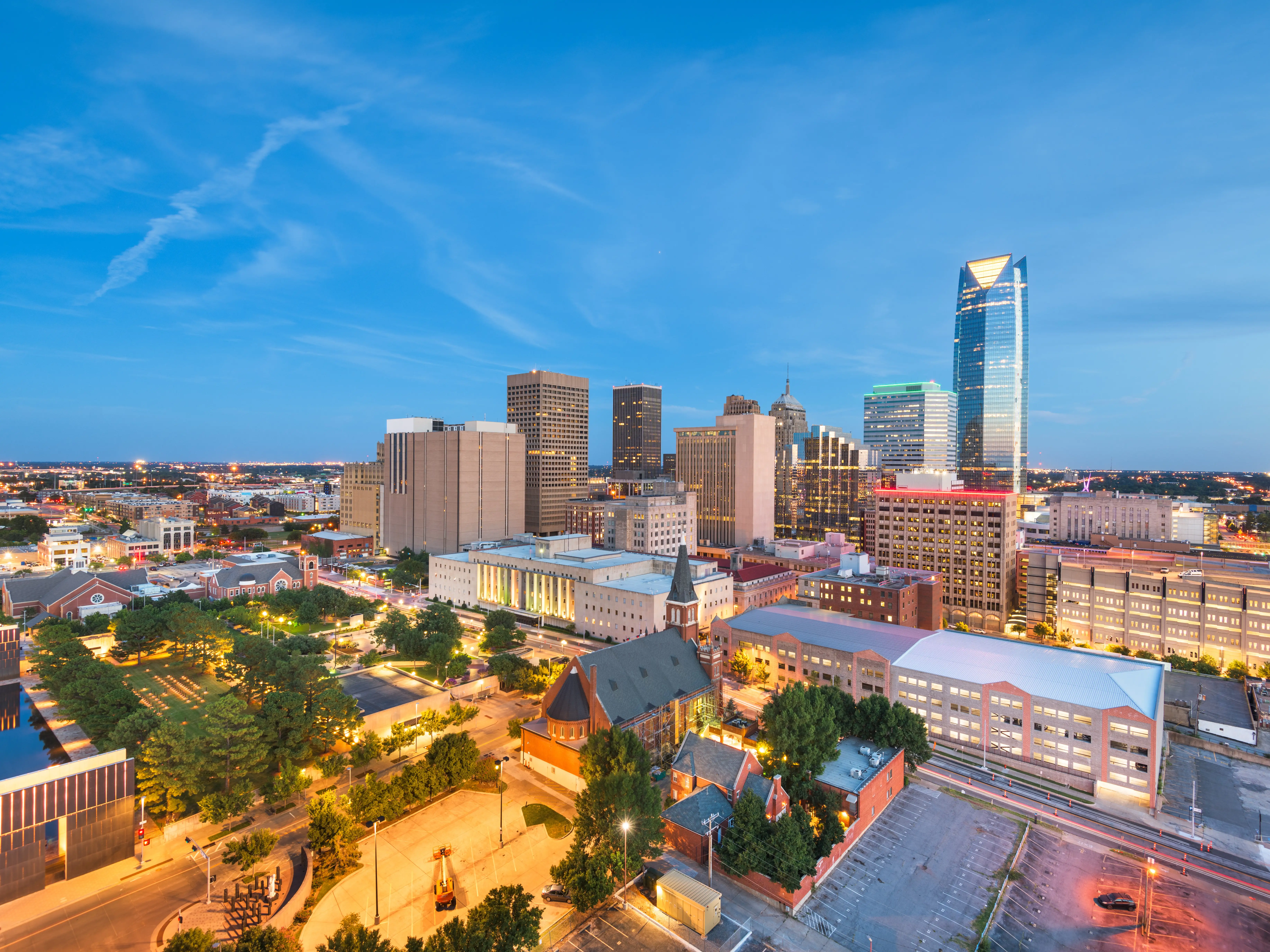 Oklahoma City, Oklahoma, USA downtown skyline at twilight.