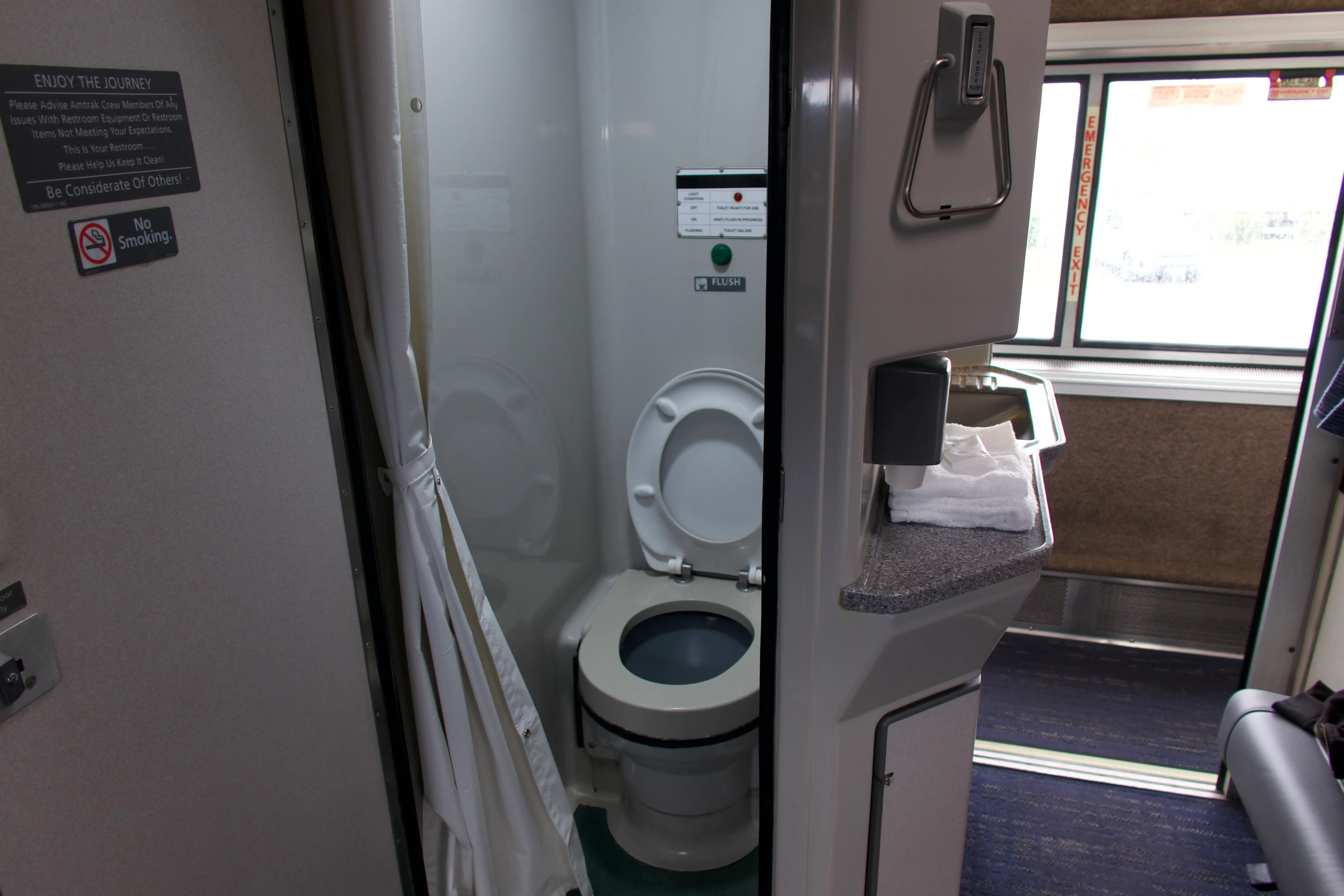 View of toilet in bathroom area in private room on Amtrak Auto Train