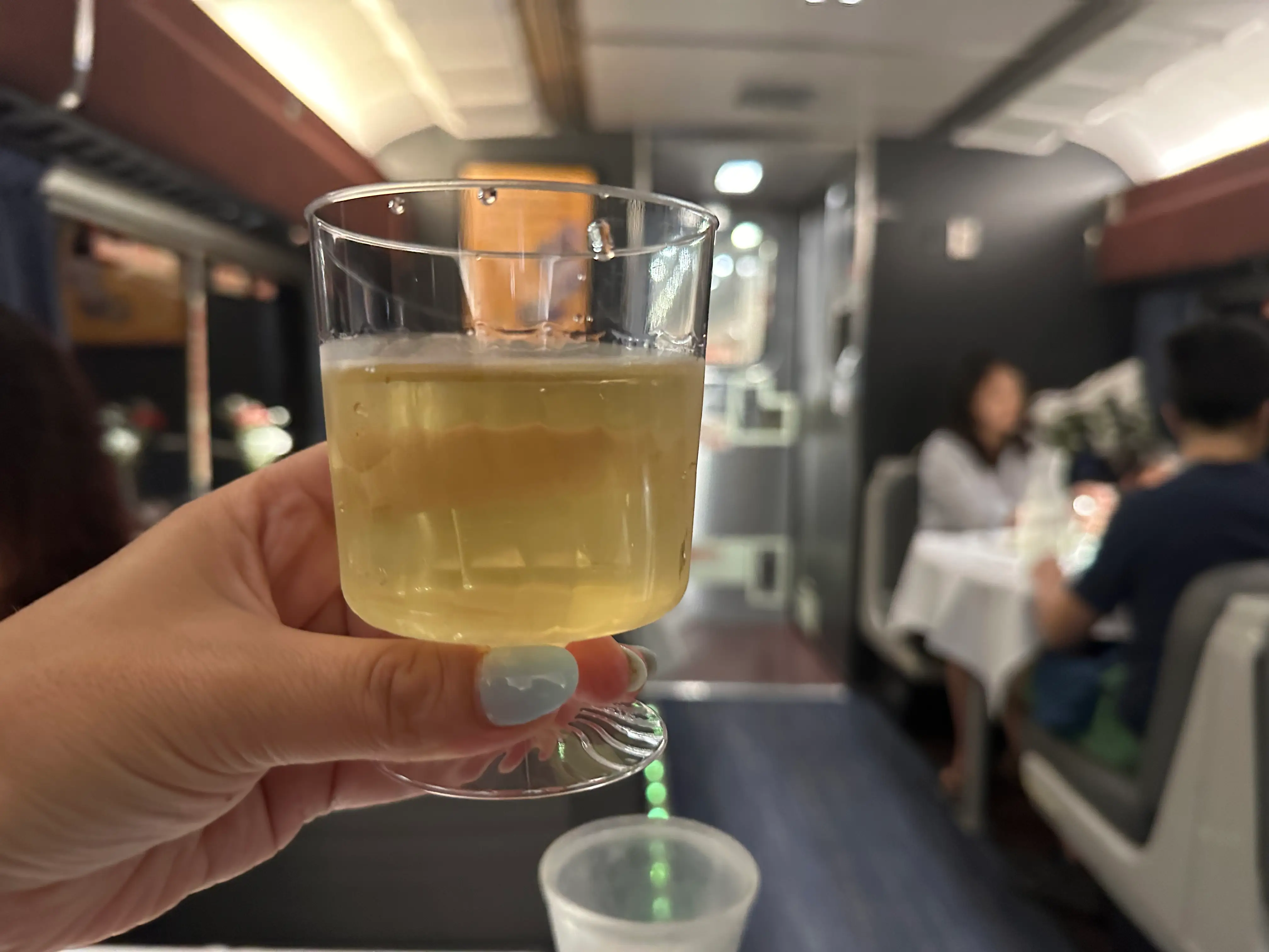 Hand holding glass of liquid on  Amtrak Auto Train