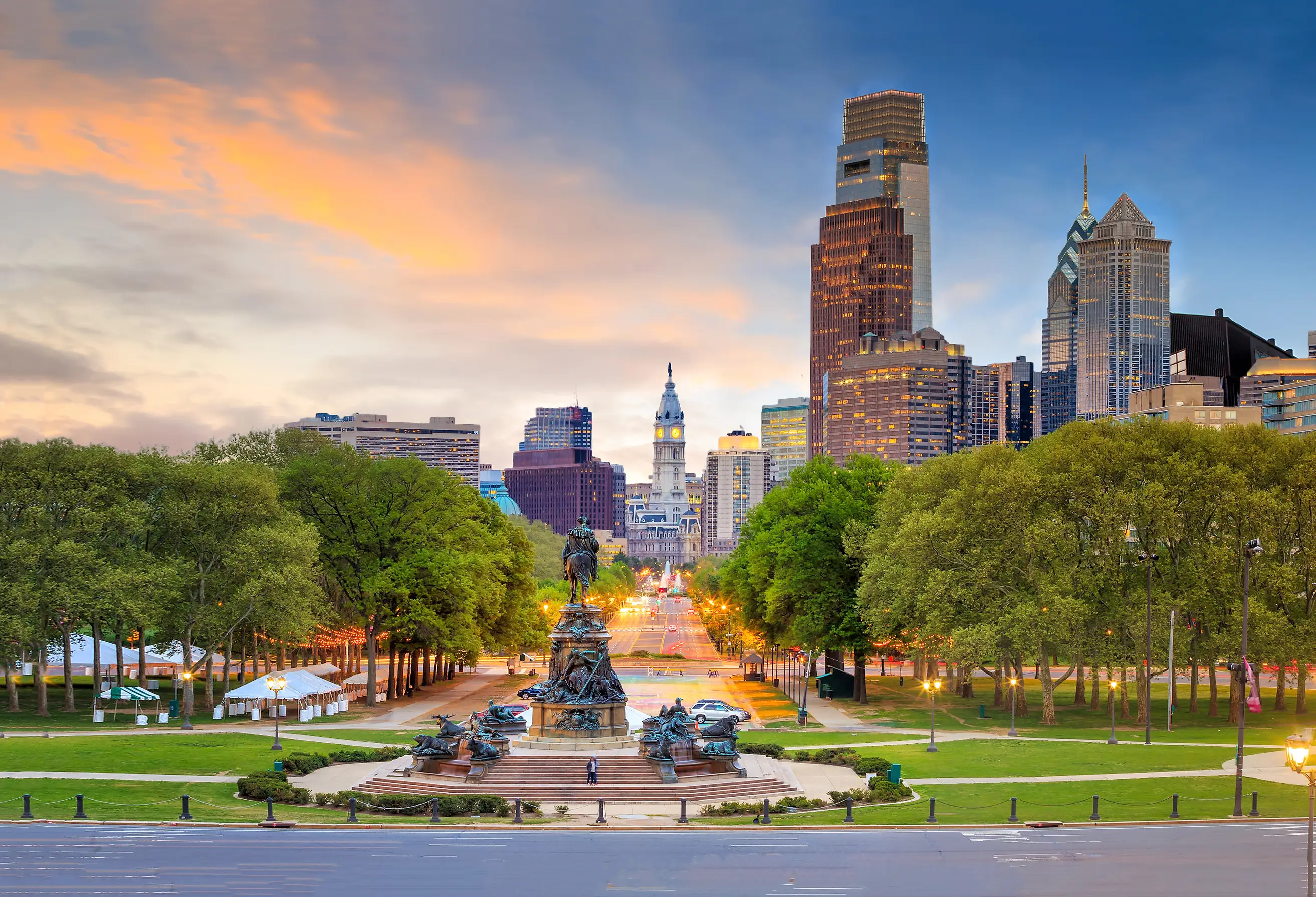 Statue and buildings in Philadelphia, Pennsylvania.