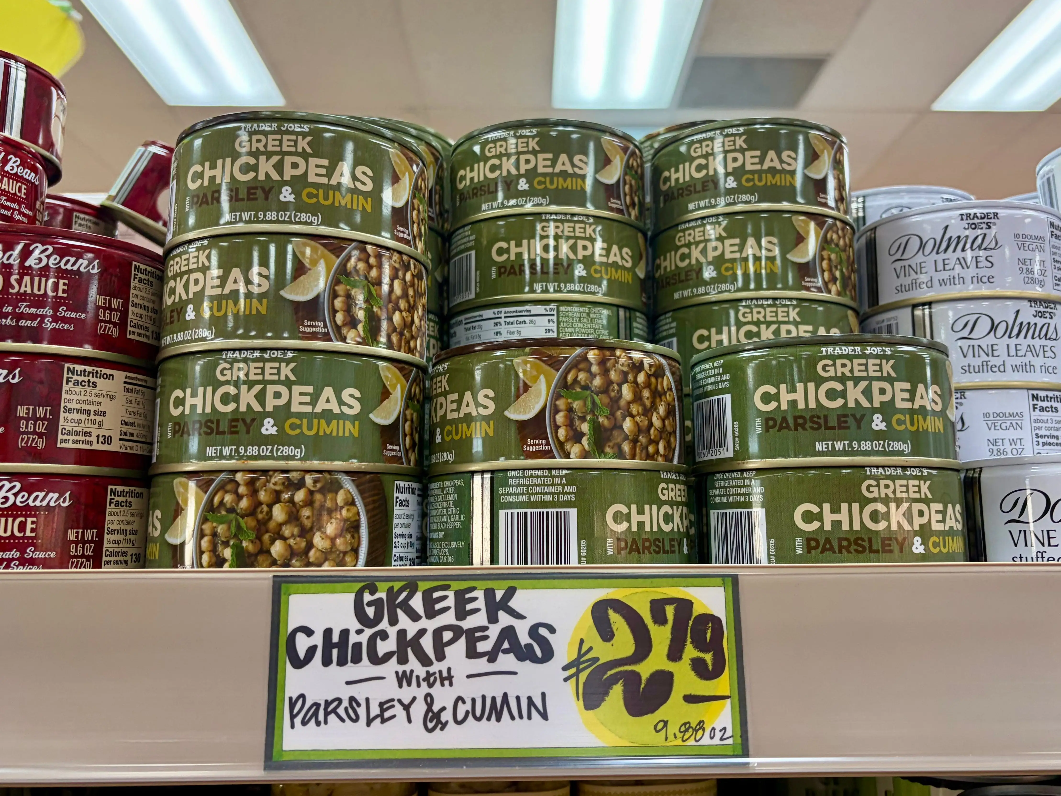 Cans of Trader Joe's Greek chickpeas.