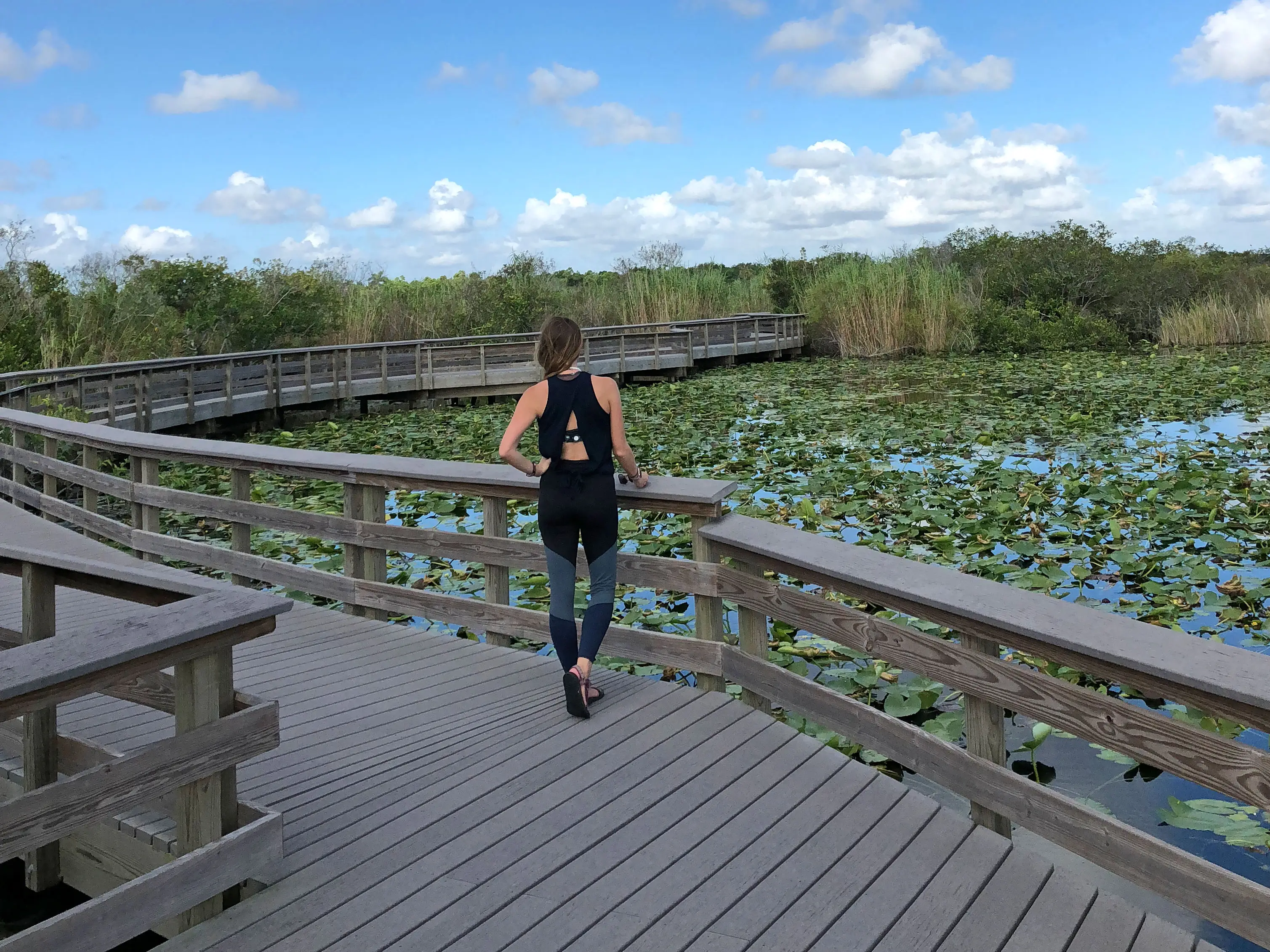 Emily stands on a wooden walkway surrounded by marsh and lily pads in Everglades National Park.