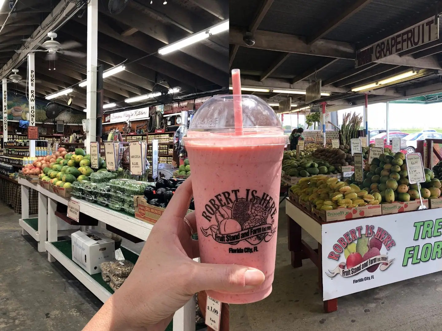 Emily holds a pink smoothie in front of stands of fruit.