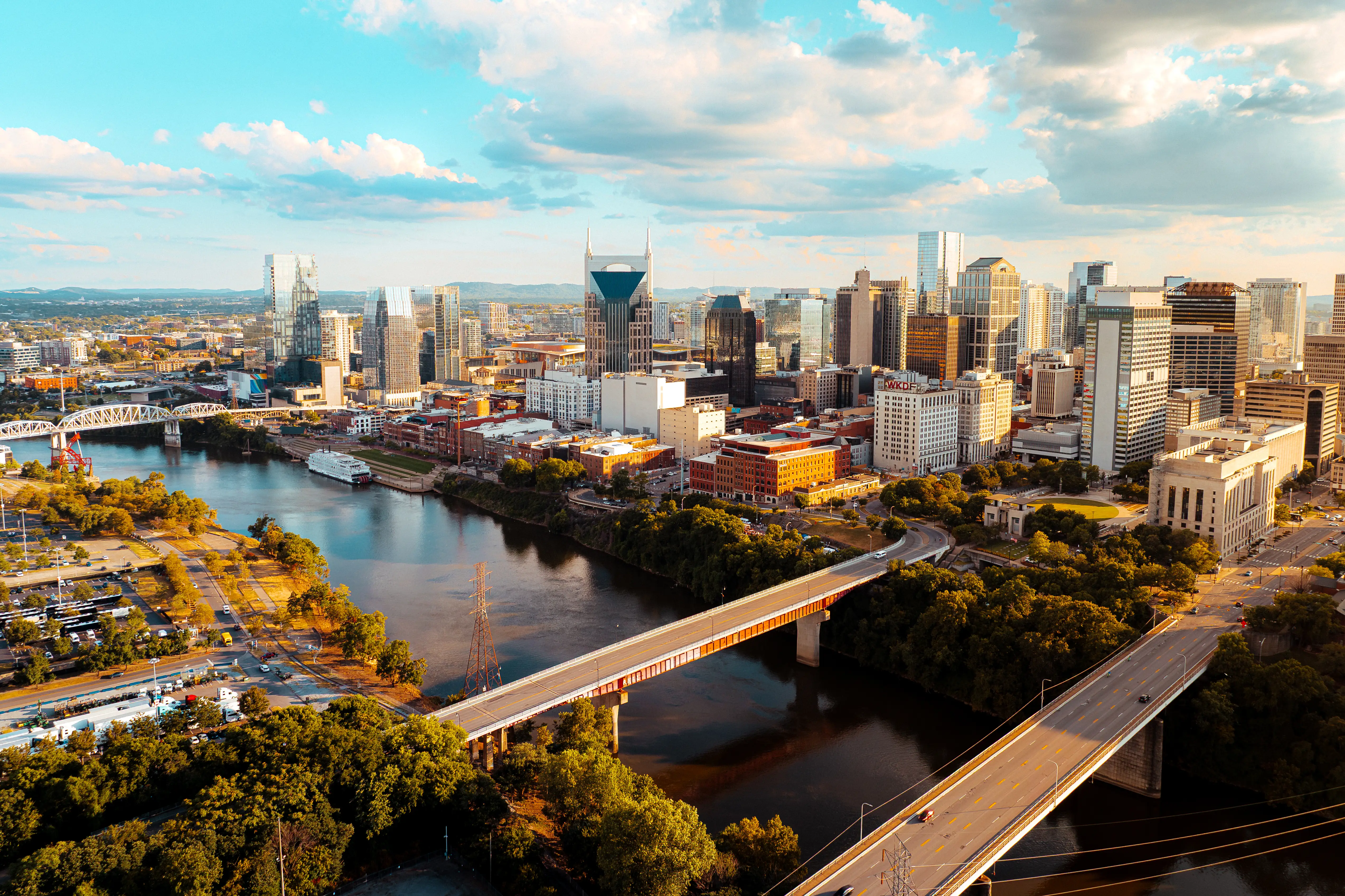 Aerial view of the downtown Nashville, Tennessee skyline from the Cumberland River.