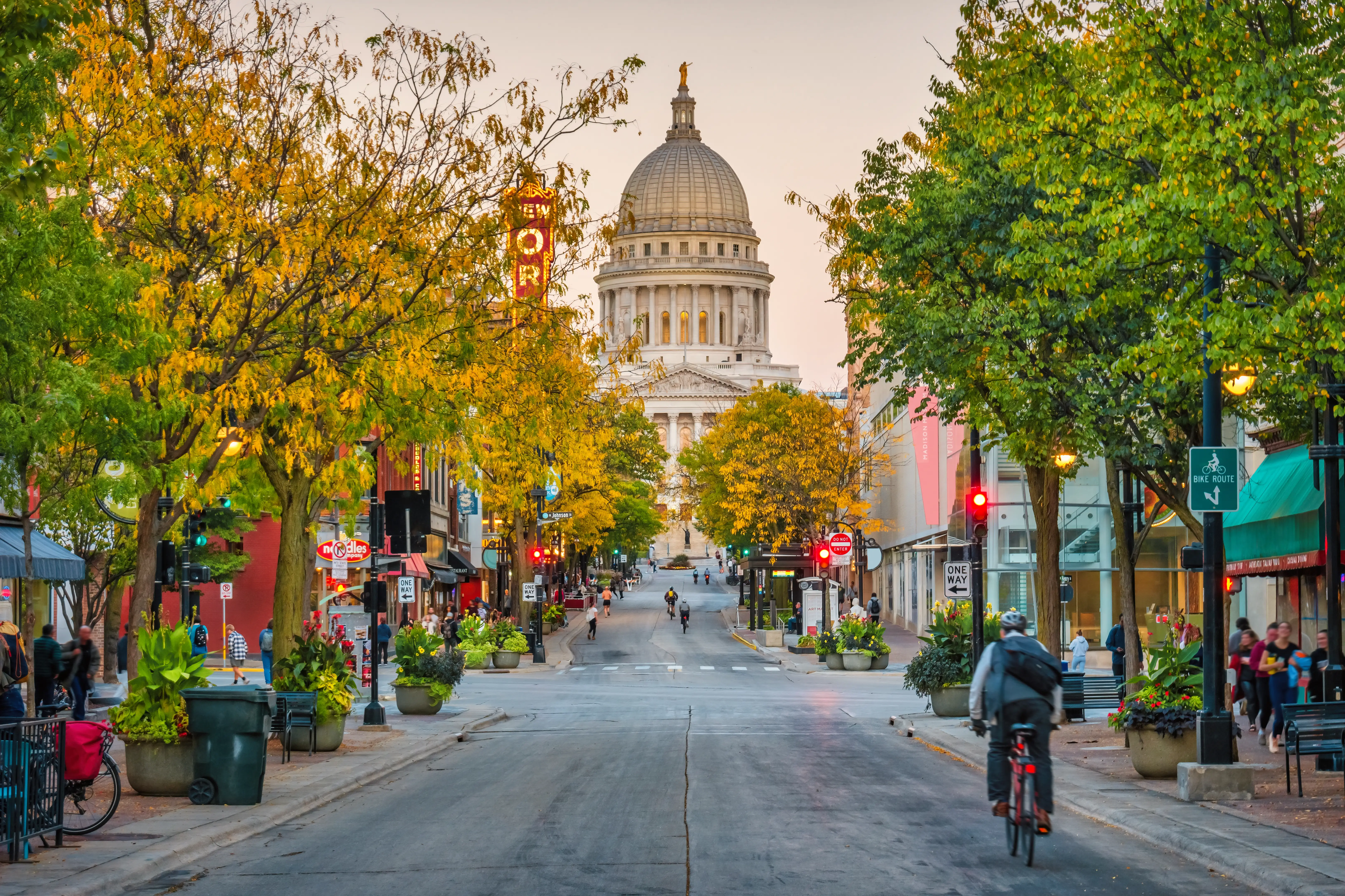 Downtown Madison with the State Capitol, Wisconsin, at dusk.