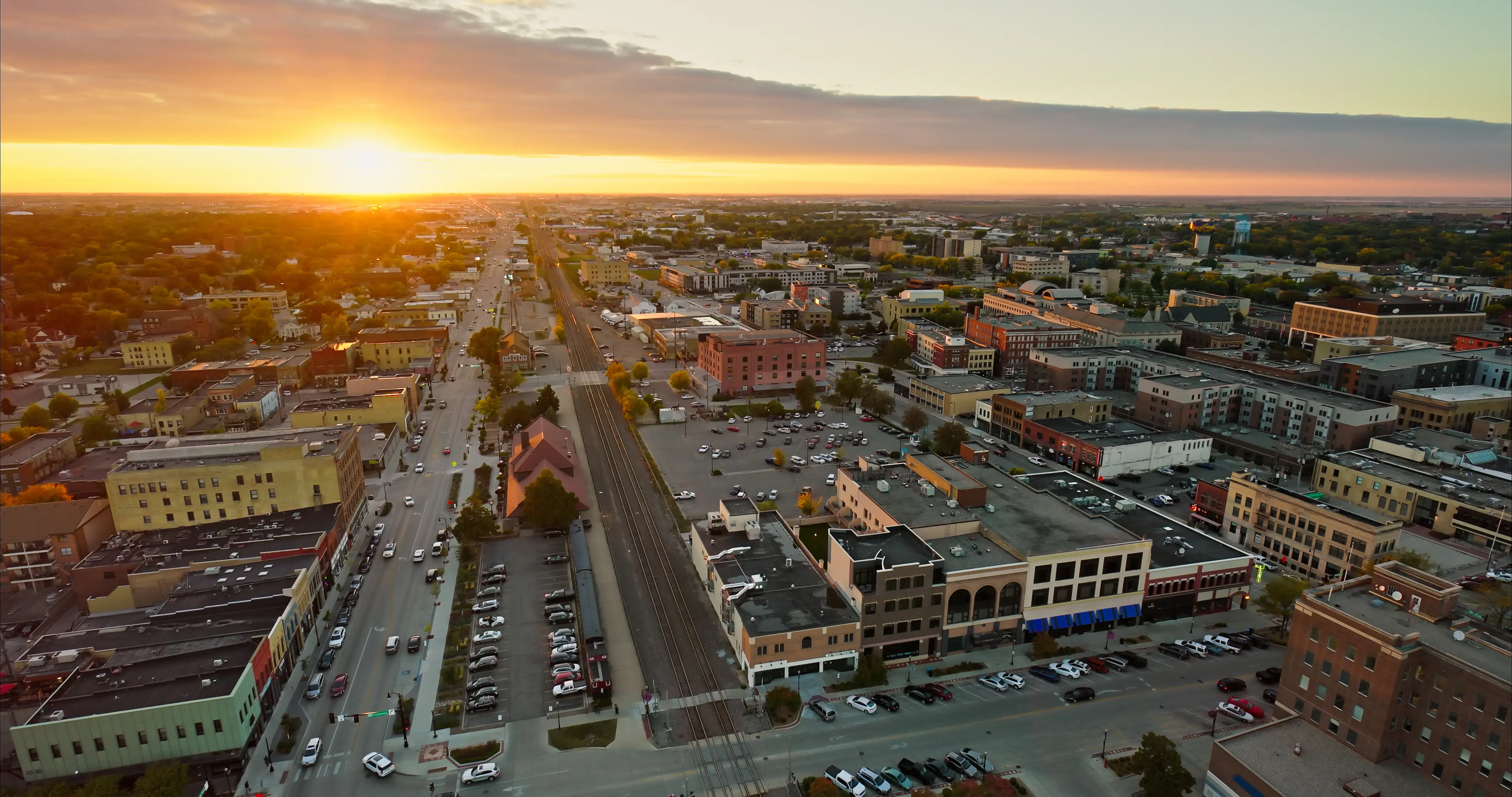 Aerial shot of downtown Fargo, North Dakota, on an overcast sunset in Fall.