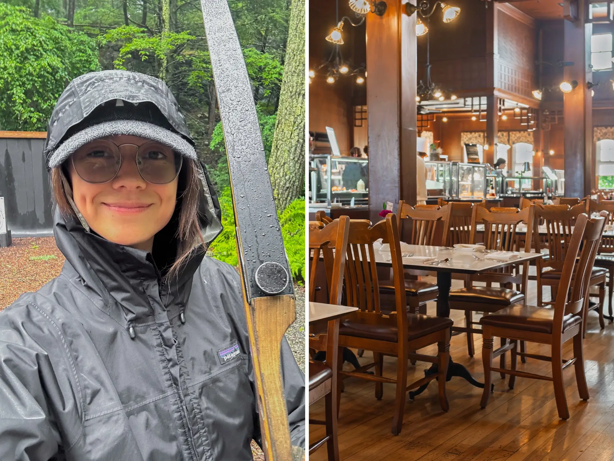 Split view of a rain-gear selfie outdoors and a warmly lit restaurant dining room with wooden chairs.