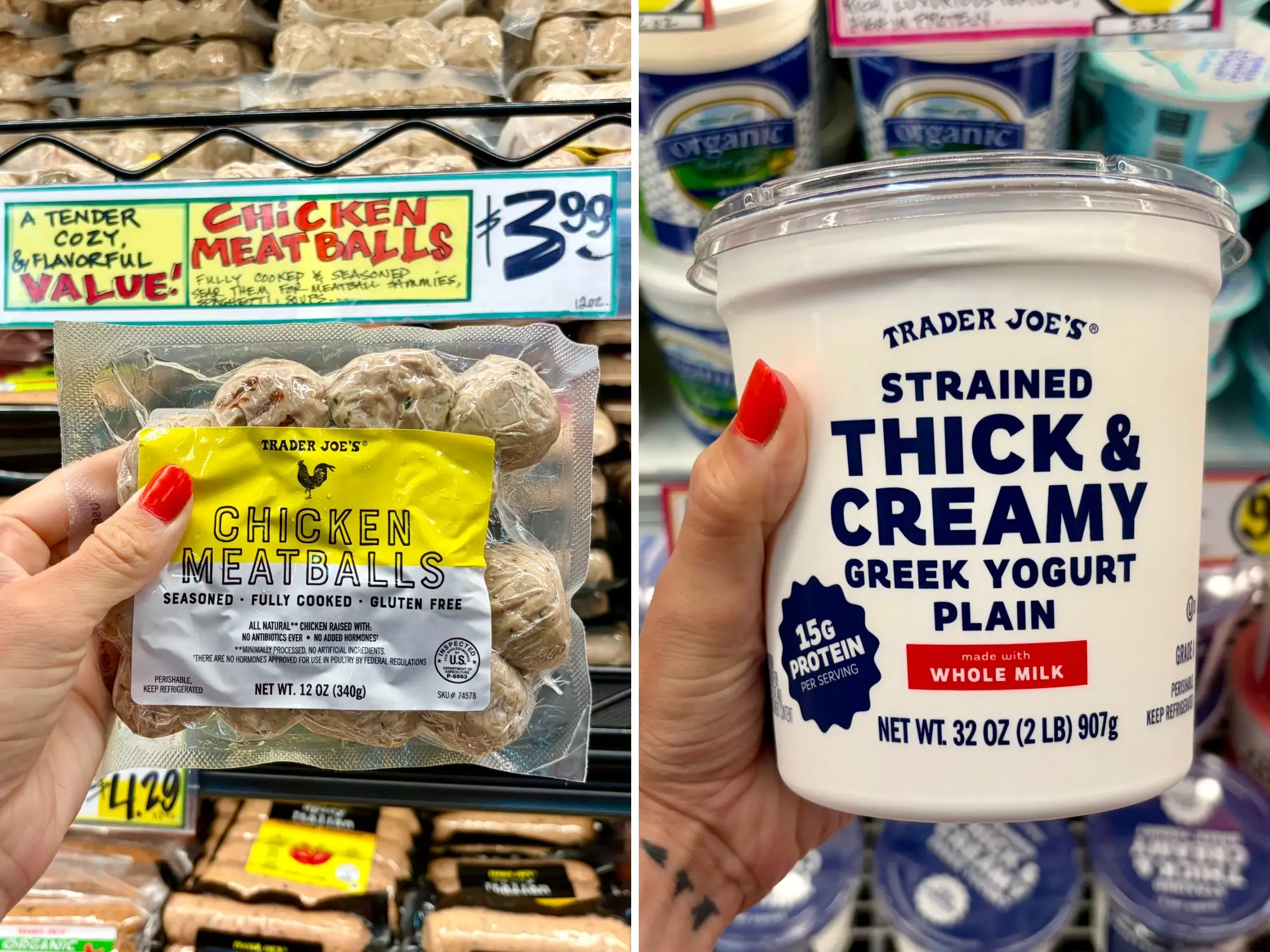 A composite image of a hand holding a package of Trader Joe's chicken meatballs, and a hand holding a container of Trader Joe's Greek yogurt.