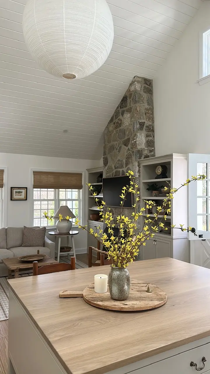 A view of a living room with a kitchen island with a wood top in front of it.