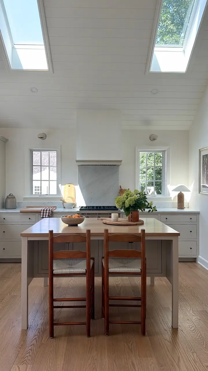 Bright kitchen with skylights, central island, two wooden stools, white cabinetry, windows, and flowers on the countertop.