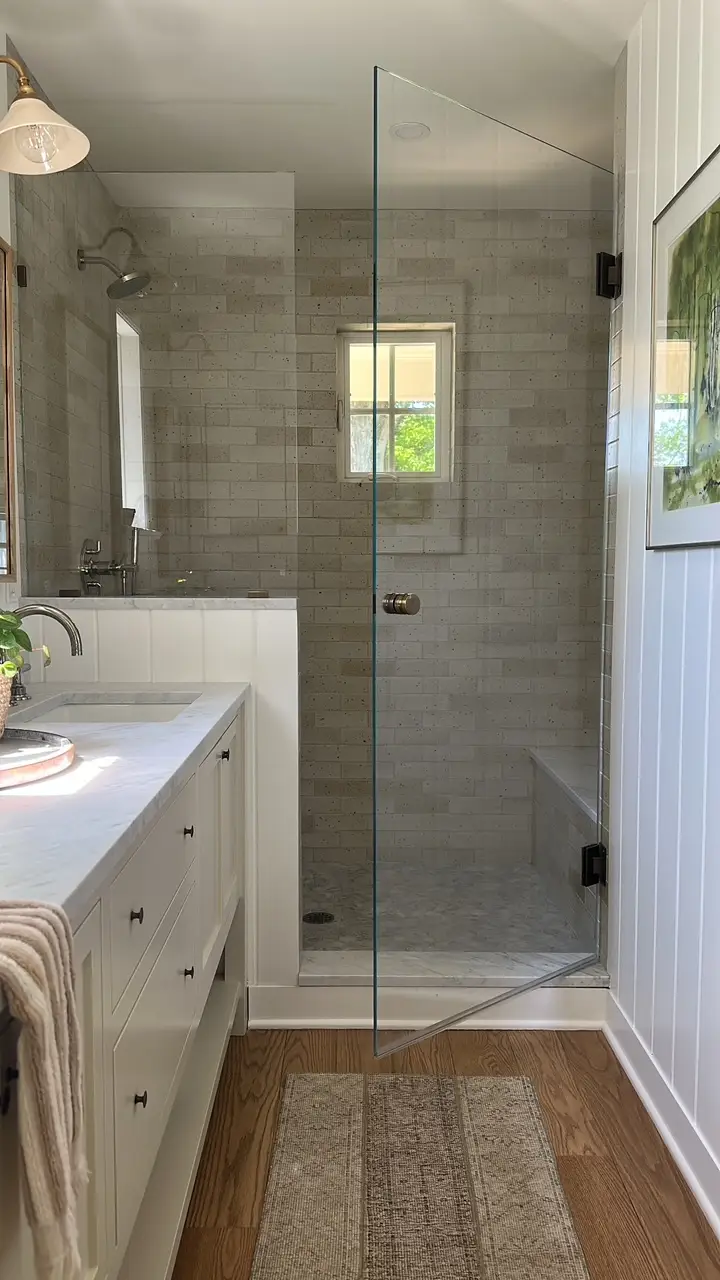 Bright bathroom with glass shower enclosure, gray tile walls, white vanity, wood floor, and woven runner.