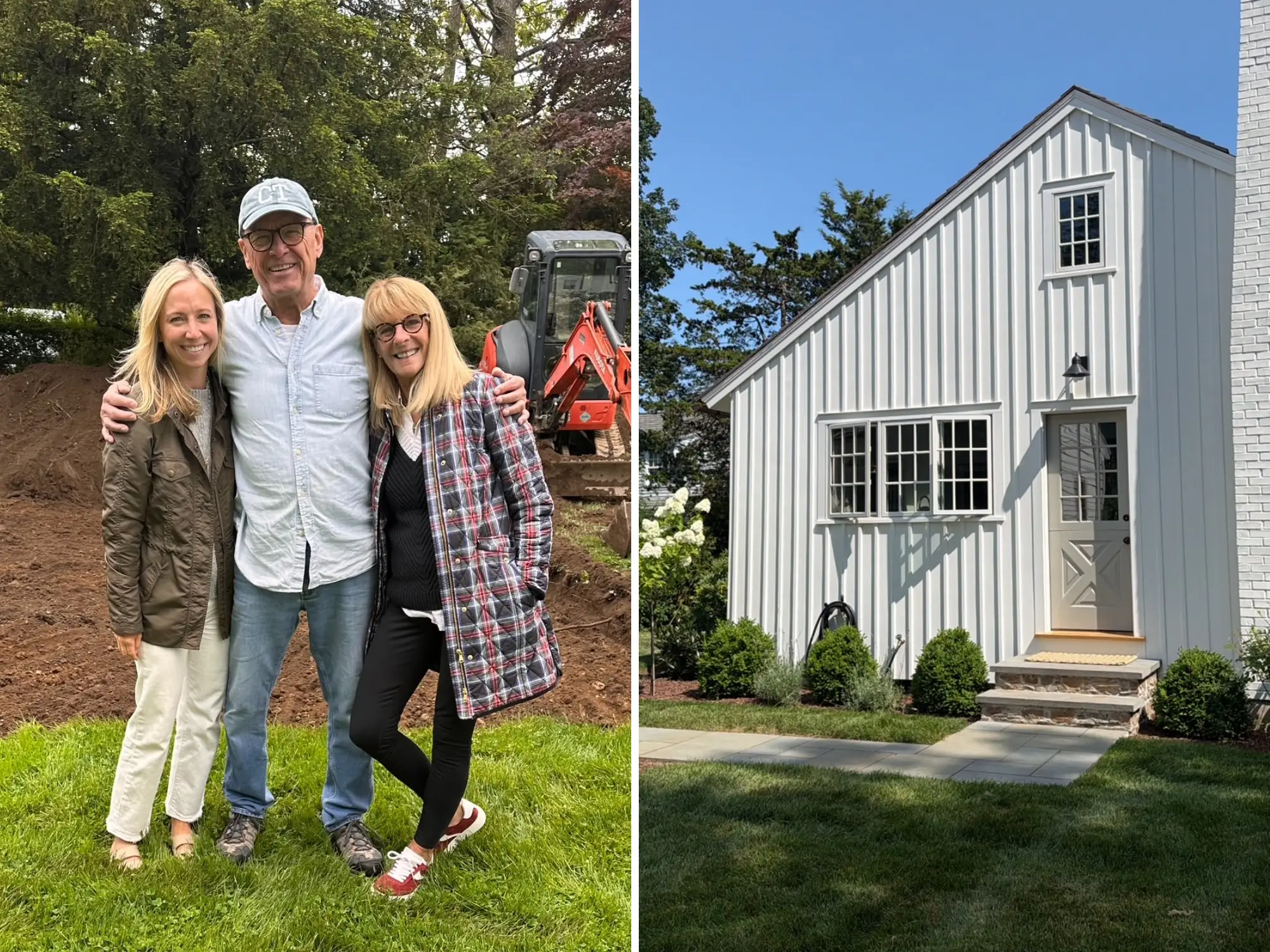 A composite of three people standing at a landscaped construction site beside a small excavator, and a shot of a white barn-style exterior.