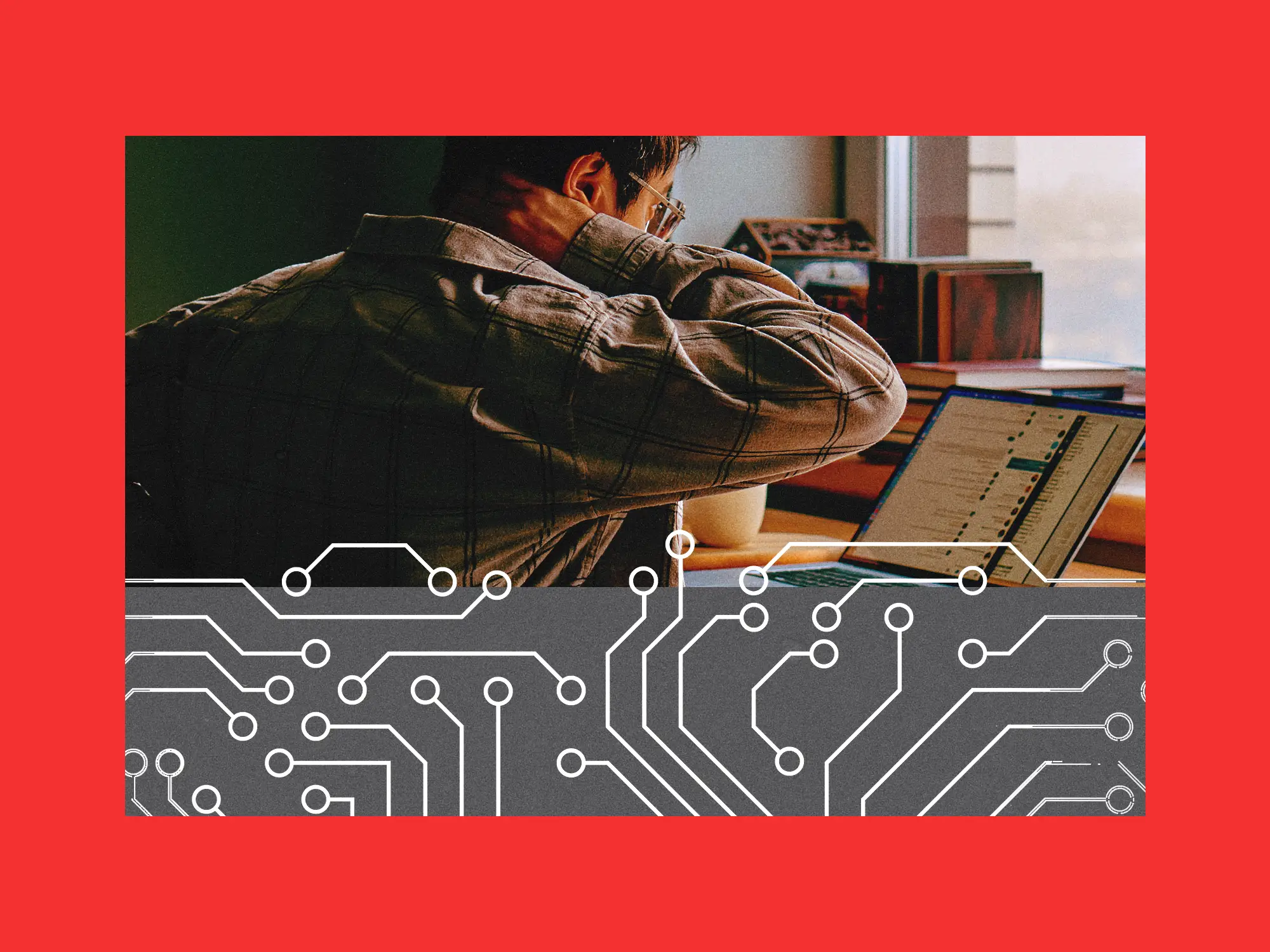 Photo collage of a man working at a laptop, with a circuit-board graphic overlay.