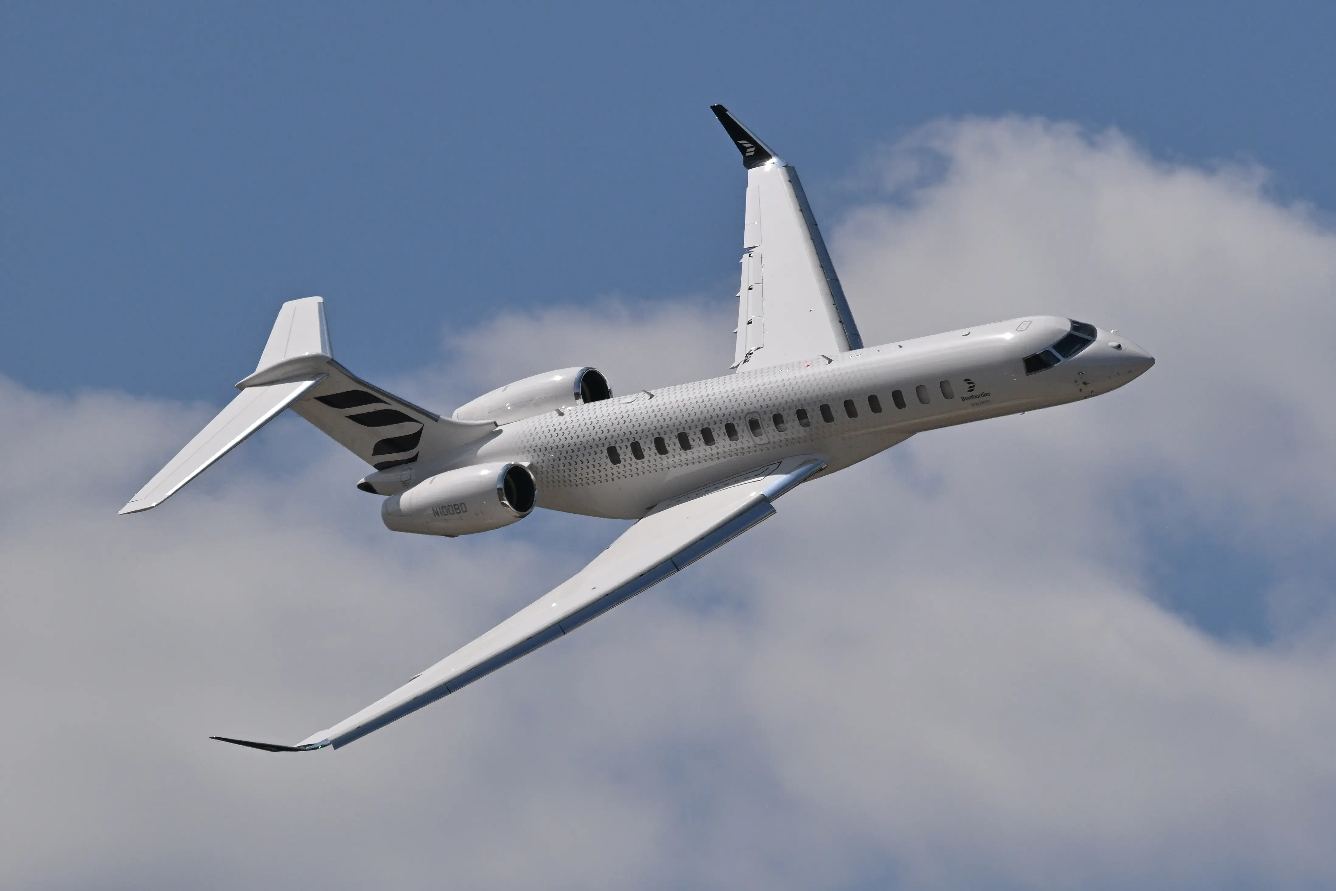 The Bombardier Global 8000, the world's fastest civilian aircraft since Concorde with a top speed of Mach 0.95 performs during the Farnborough International Air Show 2026 at Farnborough International Exhibition Centre on July 20, 2026 in Farnborough, England.