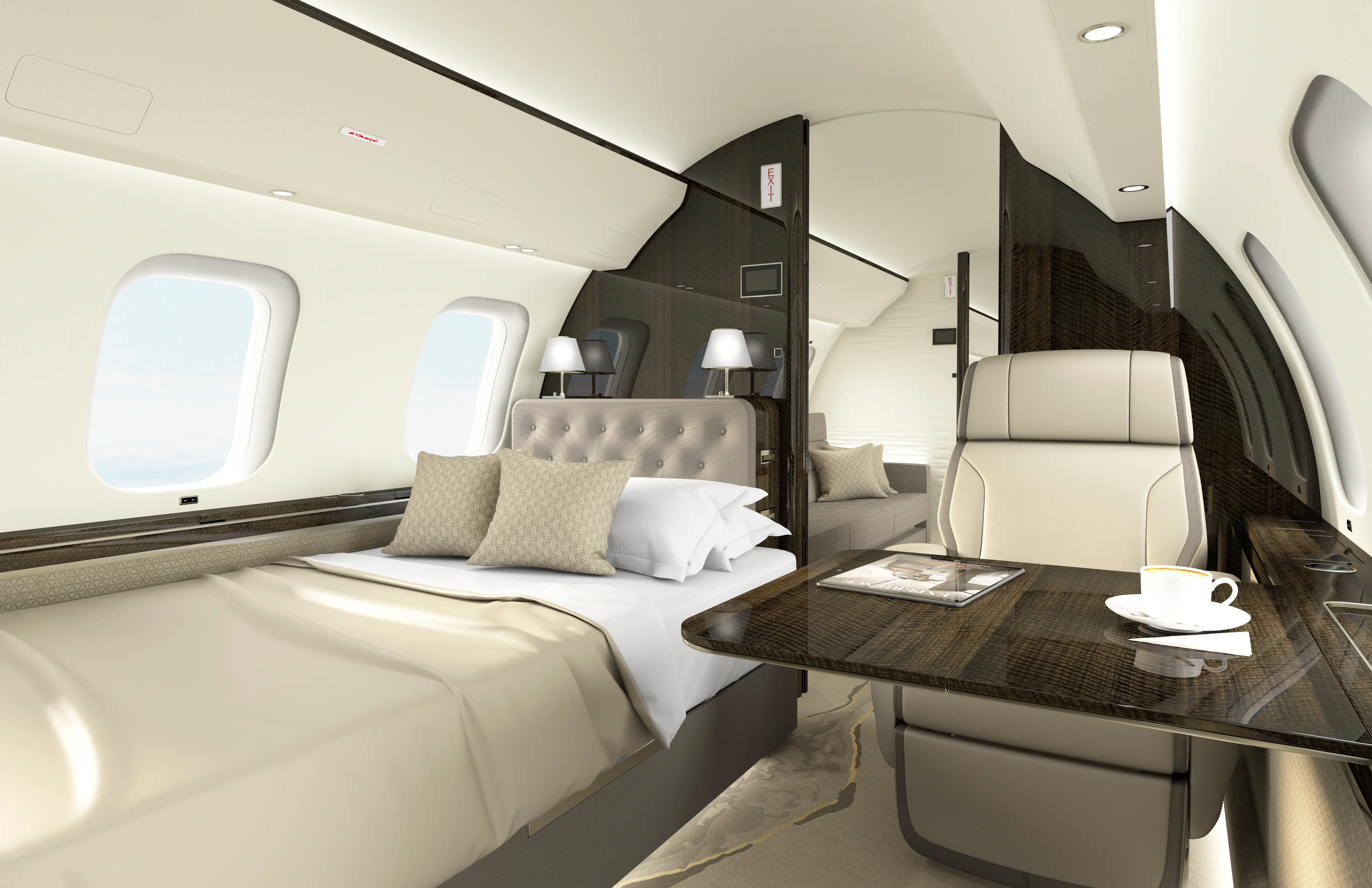 A generated image shows the bedroom suite in the back of a Bombardier Global 8000.