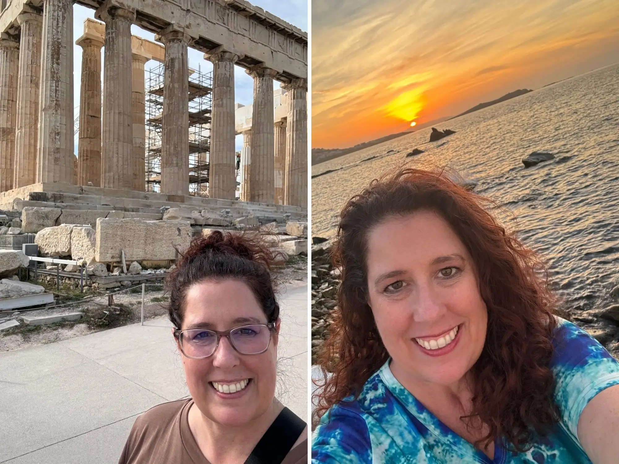 Side by side image composite of Woman smiling in front of ruins in Athens next to woman in greece smiling in front of water at sunset