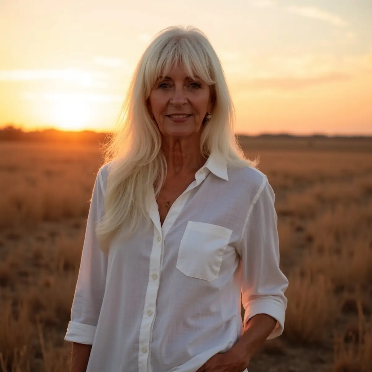 a woman poses in a field during sunset