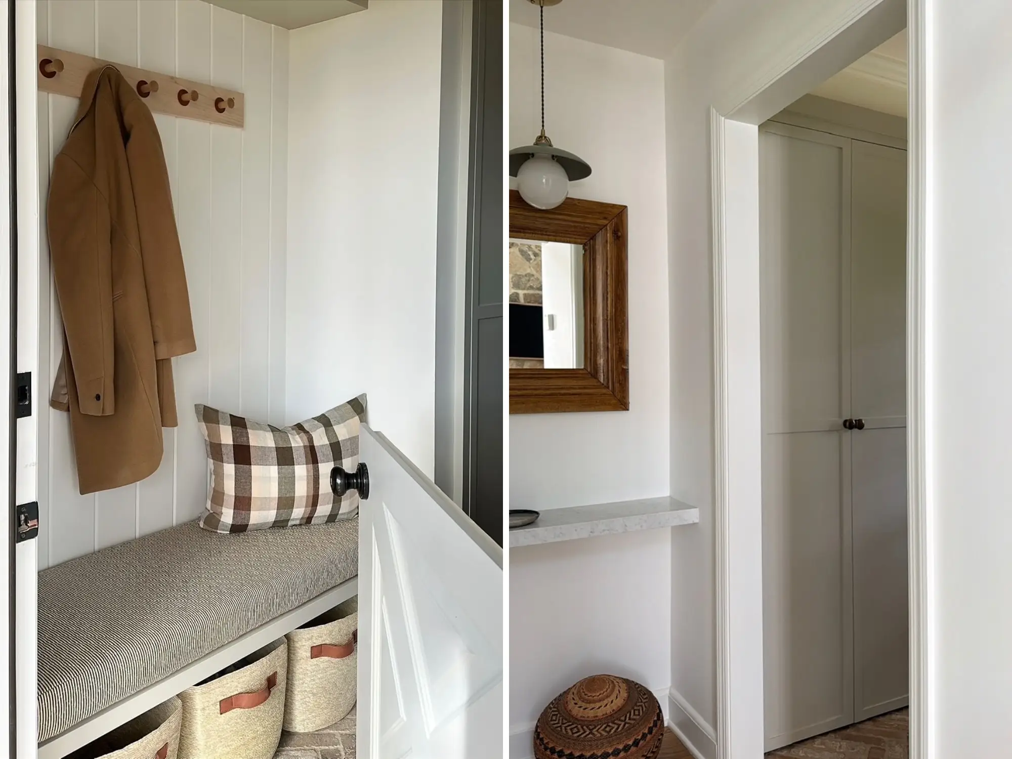 Entryway interior with a bench, hanging tan coat, plaid pillow, baskets, mirror, pendant light, and closed closet doors.