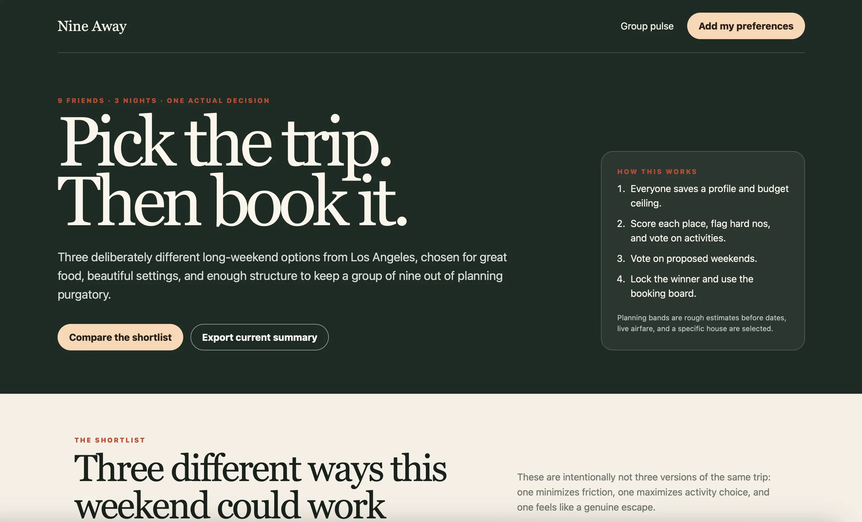 Nine Away travel-planning webpage presents long-weekend trip options from Los Angeles with comparison and preference controls.