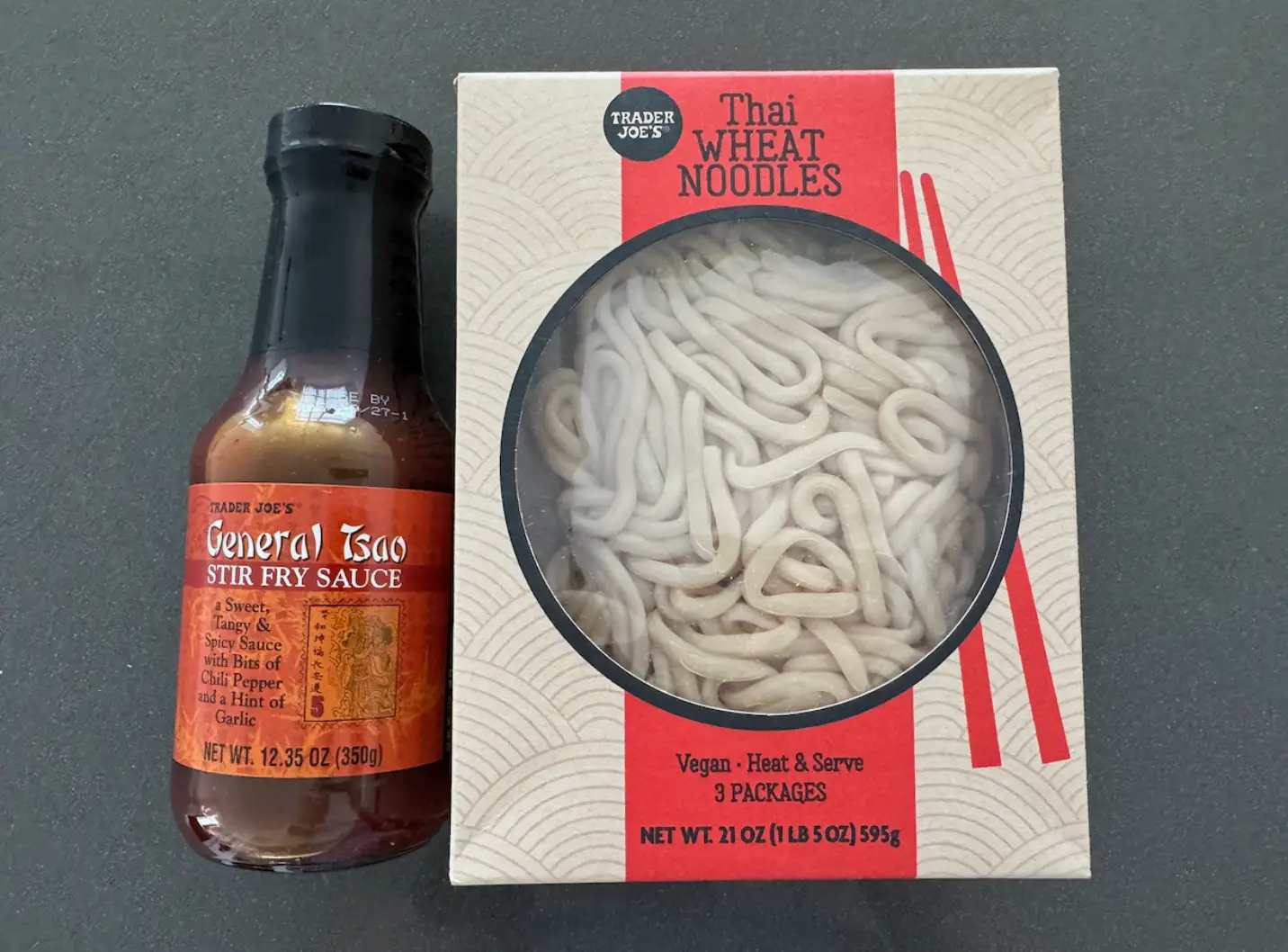 Trader Joe's General Tsao stir-fry sauce and Thai wheat noodles.
