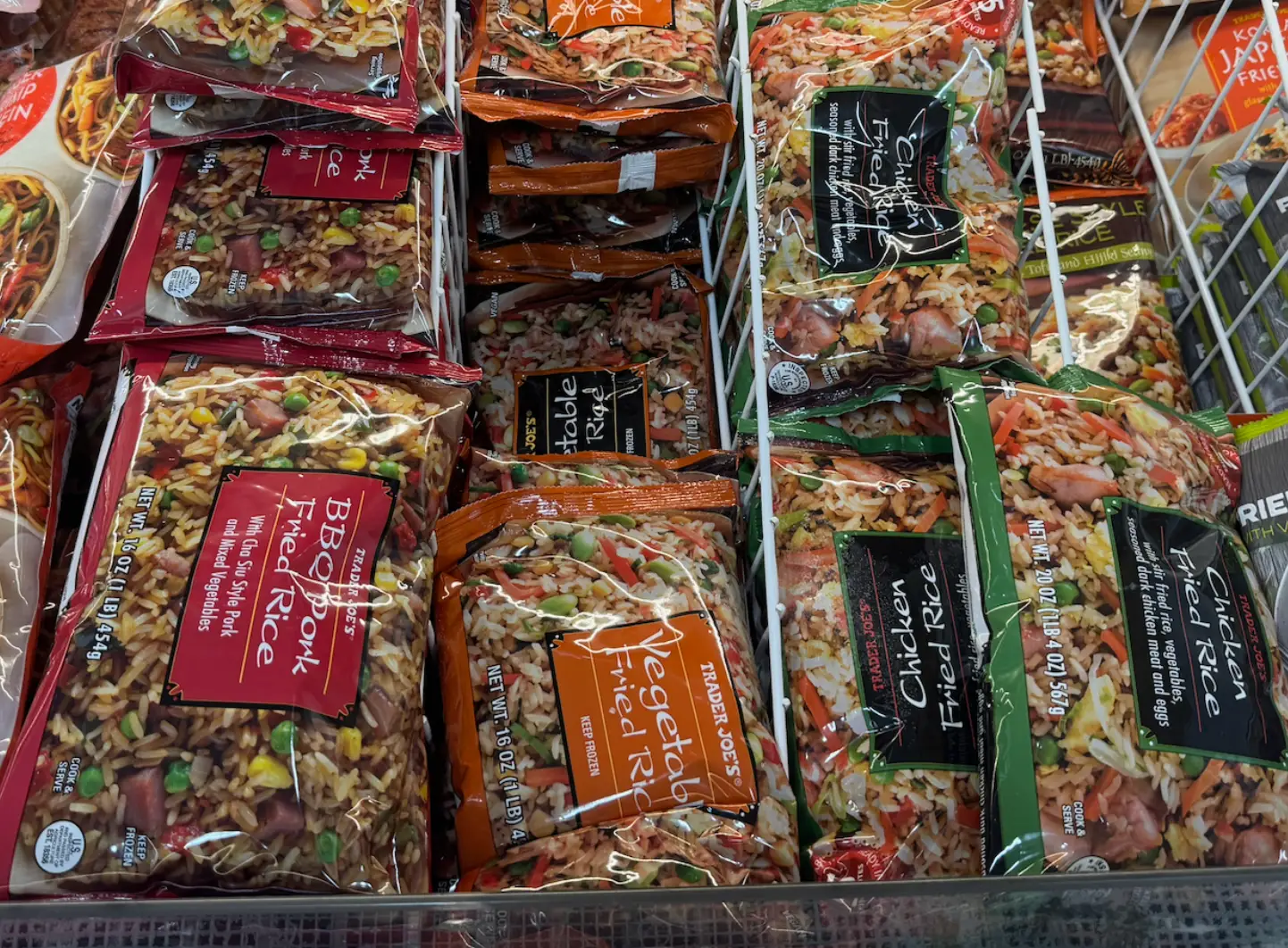 Bags of frozen fried rice from Trader Joe's.