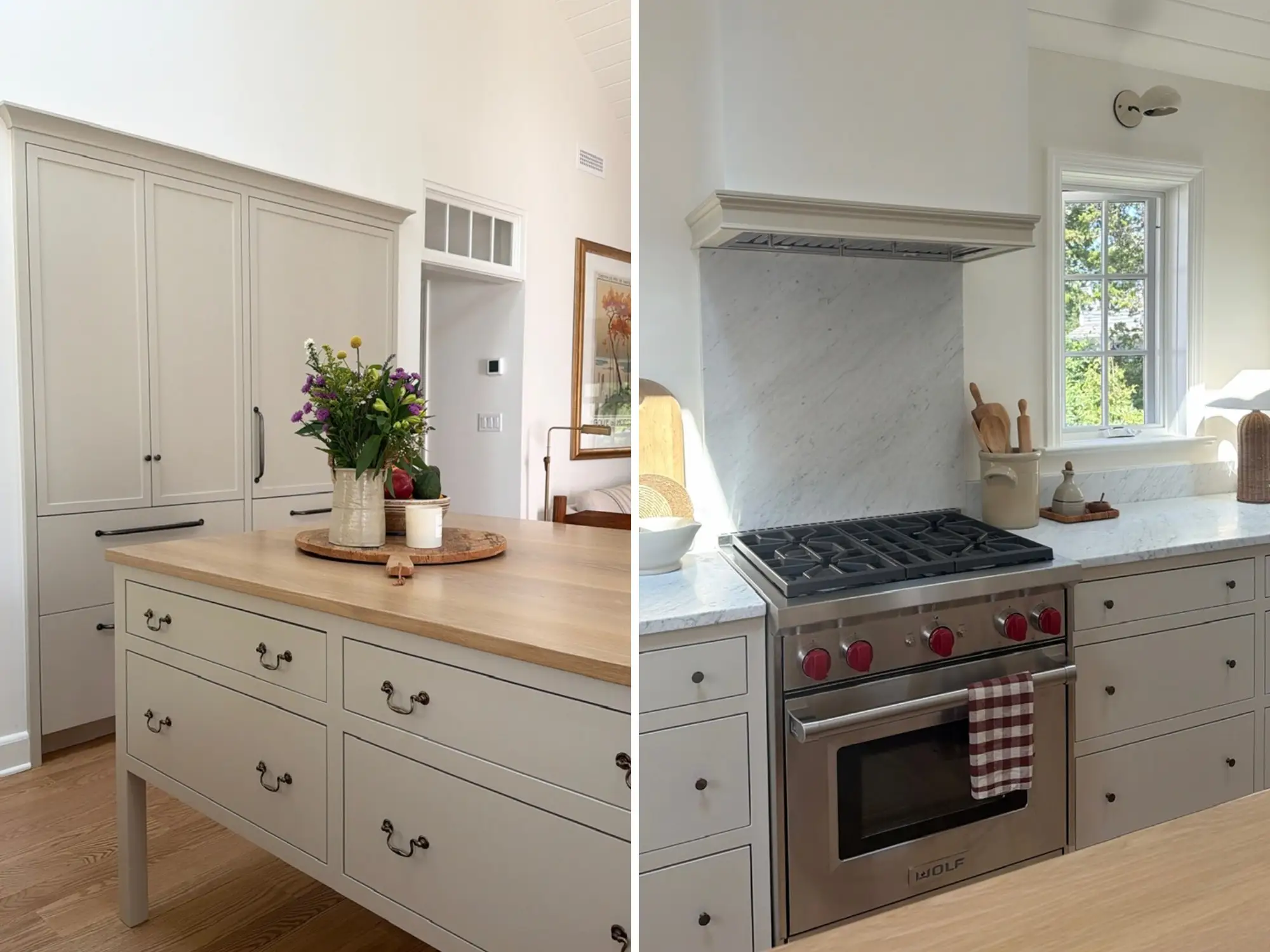 Bright kitchen interior with cream cabinetry, wood island, marble backsplash, and a WOLF range beneath a window.