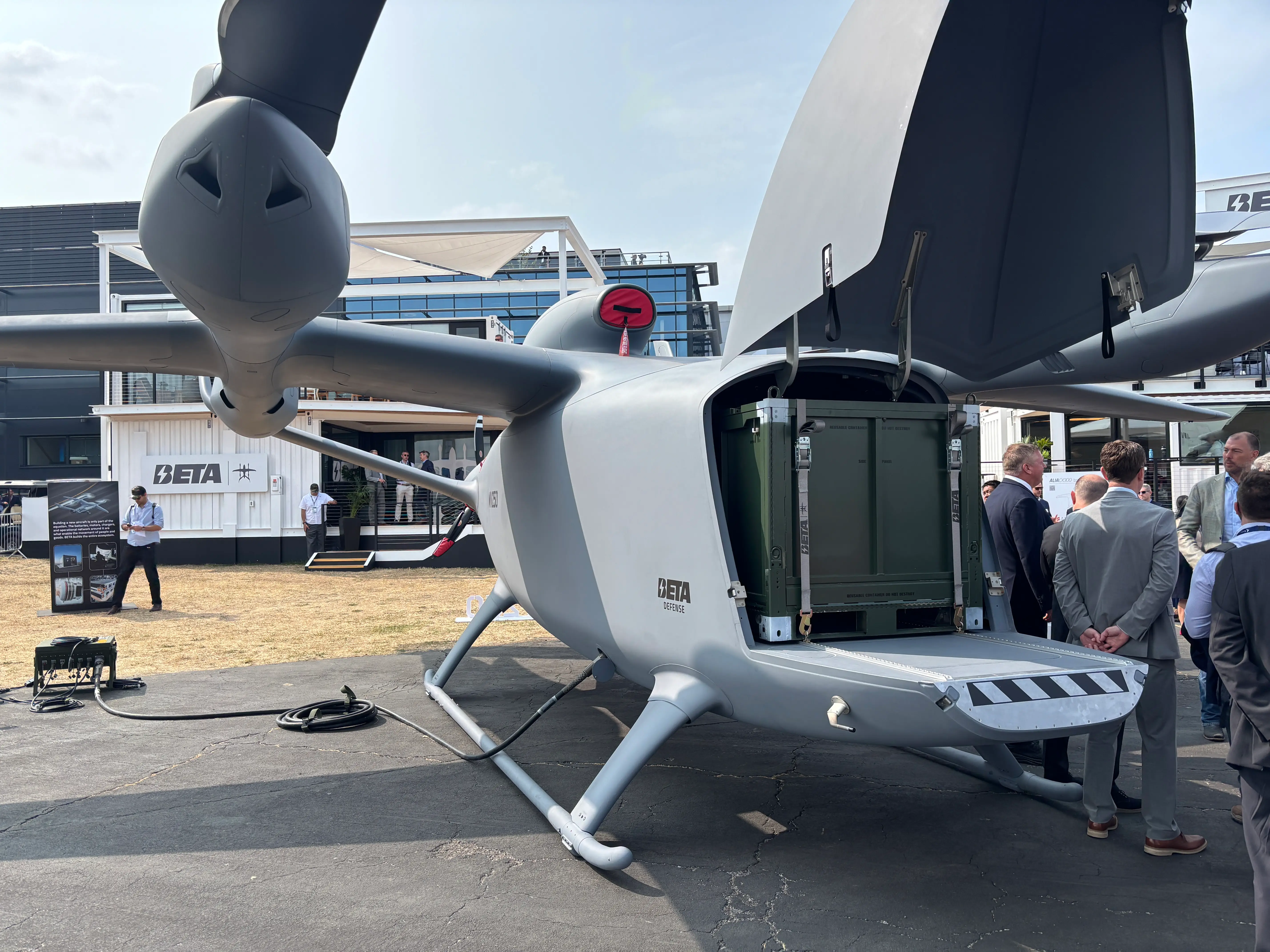 A front angle view of Beta Technologies' MV250 autonomous aircraft on display at the 2026 Farnborough Airshow
